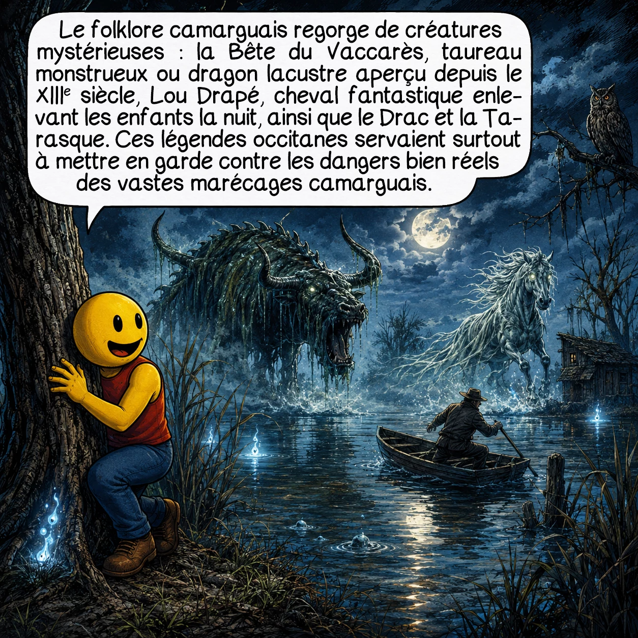 La Camargue, case 8 : Le folklore camarguais regorge de créatures mystérieuses. La Bête du Vaccarès, signalée depuis le XIIIe siècle, serait un taureau monstrueux ou dragon lacustre attaquant le bétail — possiblement des silures géants de 2,5 m ou mirages thermiques. Lou Drapé, le « cheval-drap », enlève les enfants sortis la nuit sur son dos qui s’allonge infiniment. Ces légendes occitanes protégeaient des dangers réels : noyades, égarement dans les 150 000 hectares de marécages. Le Drac, esprit aquatique, et la Tarasque de Tarascon complètent ce bestiaire fantastique né de la nature hostile.