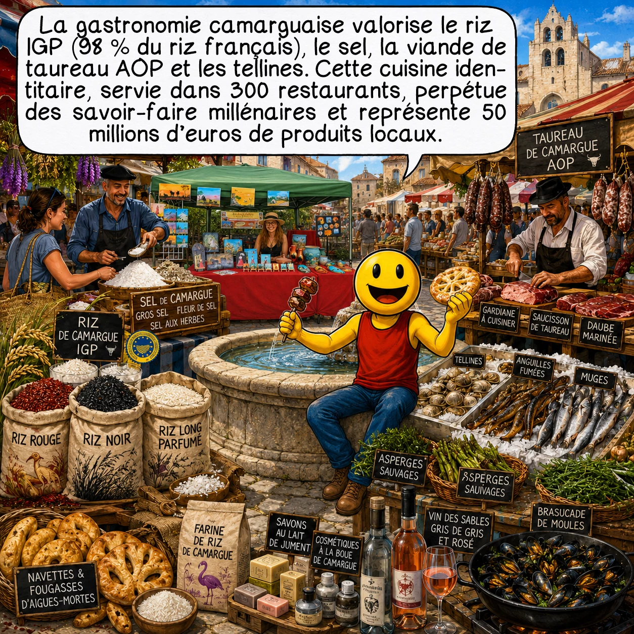 La Camargue, case 9 : La gastronomie camarguaise valorise les produits du terroir unique. Le riz IGP, cultivé sur 14 000 hectares, produit 70 000 tonnes annuelles — 98 % du riz français. Le sel récolté depuis l’Antiquité génère 500 000 tonnes/an. La viande de taureau AOP, issue des 20 000 têtes élevées extensivement, se cuisine en gardiane mijotée 3 heures ou saucisson séché 6 semaines. Les tellines, 250 tonnes pêchées annuellement, se dégustent persillées. Cette cuisine identitaire, servie dans 300 restaurants locaux et valorisant 50 millions d’euros de produits, perpétue des savoir-faire millénaires.