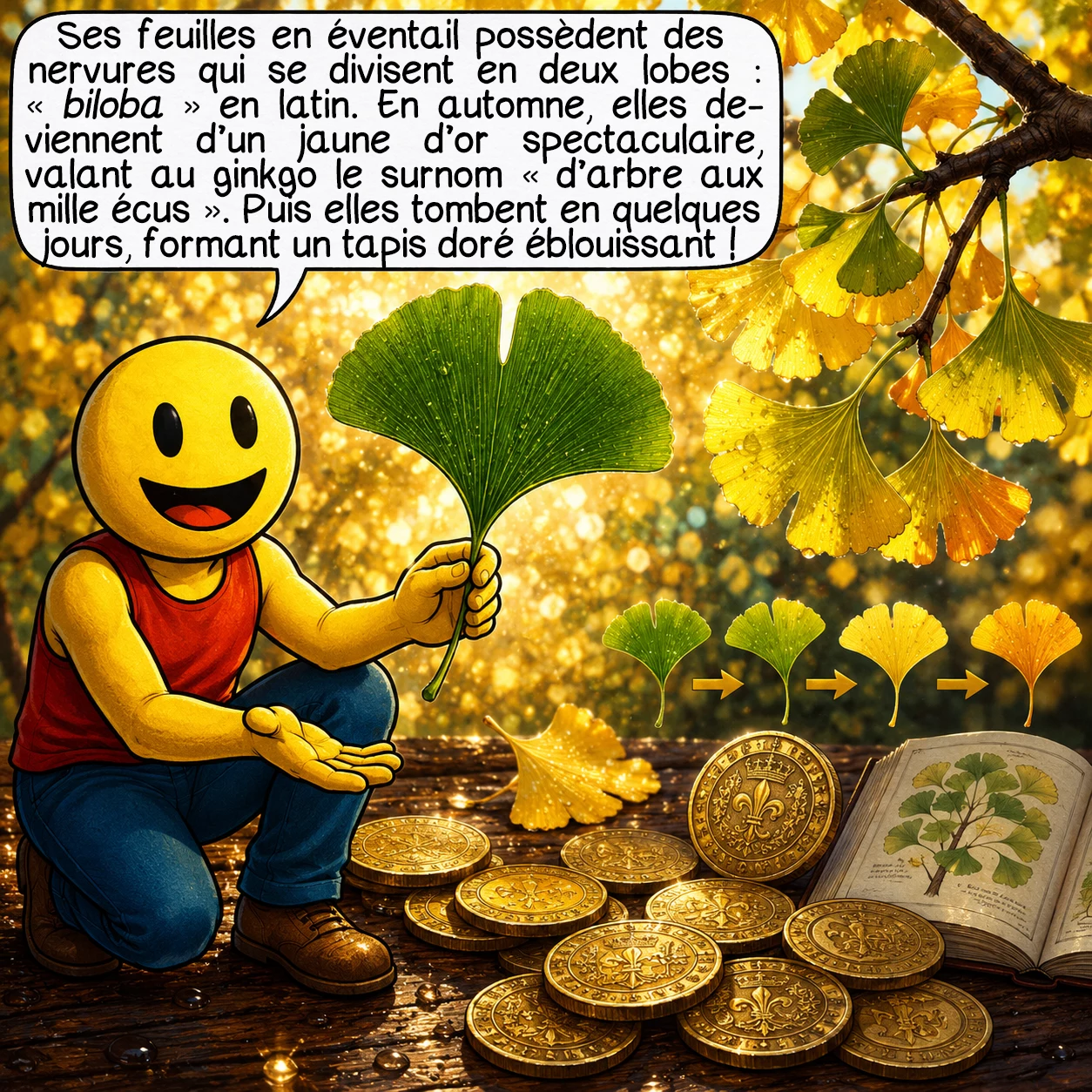 Le ginkgo biloba, case 2 : Ces feuilles uniques en éventail ont des nervures qui se divisent en deux — « biloba » signifie deux lobes en latin. En automne, elles deviennent d’un jaune d’or spectaculaire, d’où le surnom « arbre aux mille écus ». Toutes les feuilles tombent en quelques jours seulement, créant un tapis doré éblouissant !
