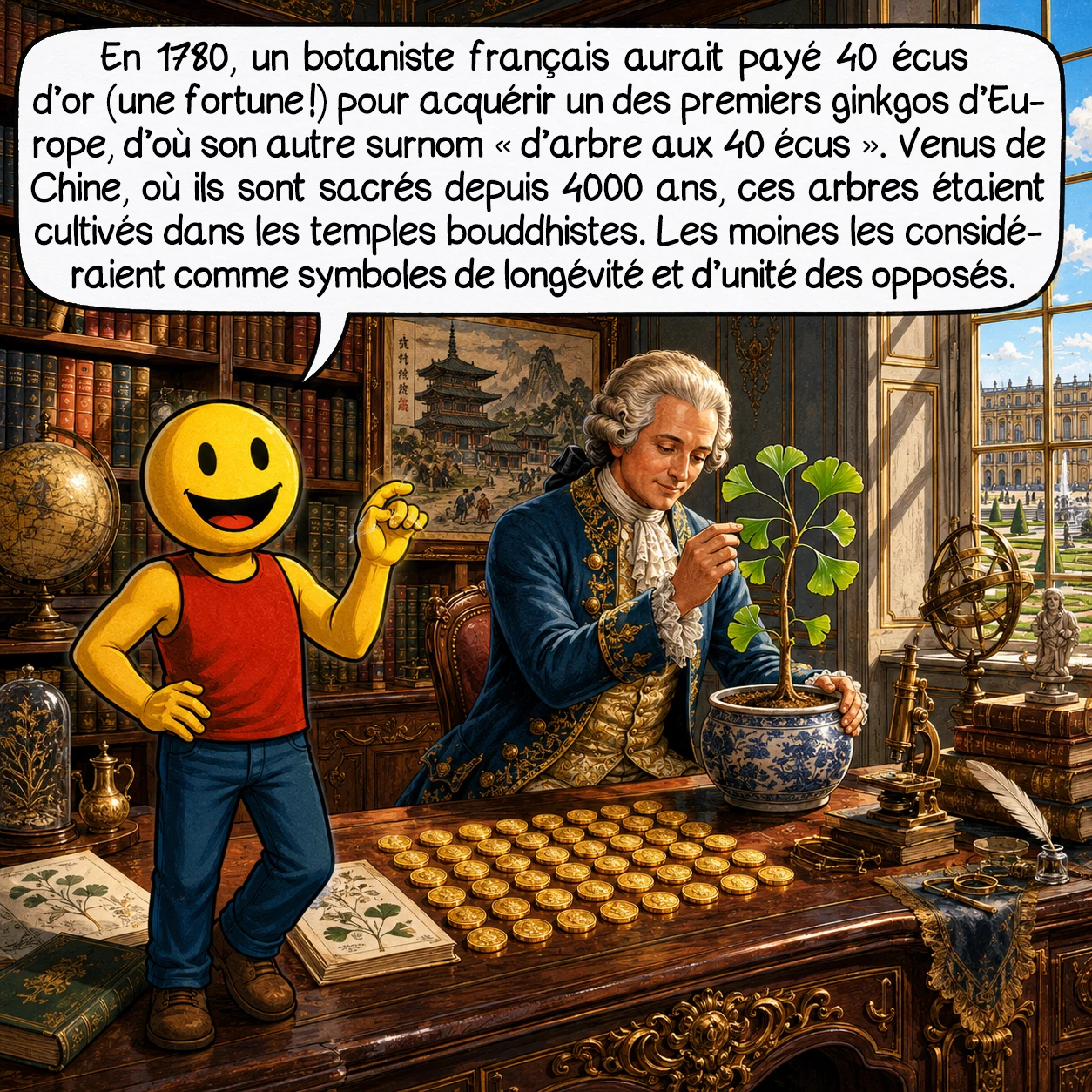 Le ginkgo biloba, case 3 : En 1780, un botaniste français aurait payé 40 écus d’or — une fortune ! — pour acquérir un des premiers ginkgos d’Europe, d’où son surnom. Venus de Chine, où ils sont sacrés depuis 4000 ans, ces arbres étaient cultivés dans les temples bouddhistes. Les moines les considéraient comme symboles de longévité et d’unité des opposés.