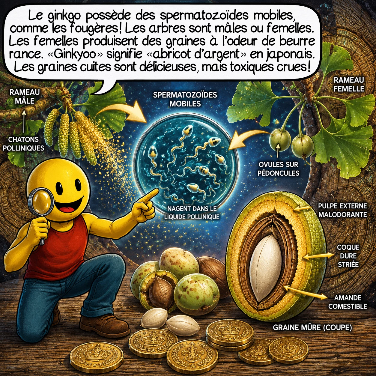 Le ginkgo biloba, case 4 : Découverte Nobel en 1896 : le ginkgo a des spermatozoïdes mobiles, comme les fougères ! Les arbres sont soit mâles, soit femelles. Les femelles produisent des ovules qui deviennent des graines à l’odeur de beurre rance. « Ginkyō » en japonais signifie « abricot d’argent ». Les graines cuites sont délicieuses, mais toxiques crues !