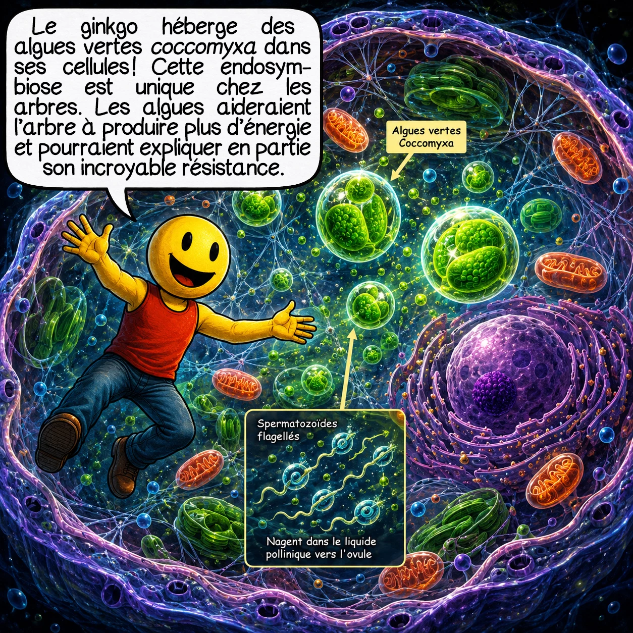 Le ginkgo biloba, case 6 : Découverte incroyable : le ginkgo héberge des algues vertes Coccomyxa dans ses cellules ! Cette endosymbiose, unique chez les arbres, existe dans les ginkgos du monde entier. Les algues aident possiblement l’arbre à produire de l’énergie supplémentaire. Cette association mystérieuse pourrait expliquer en partie son extraordinaire résistance.