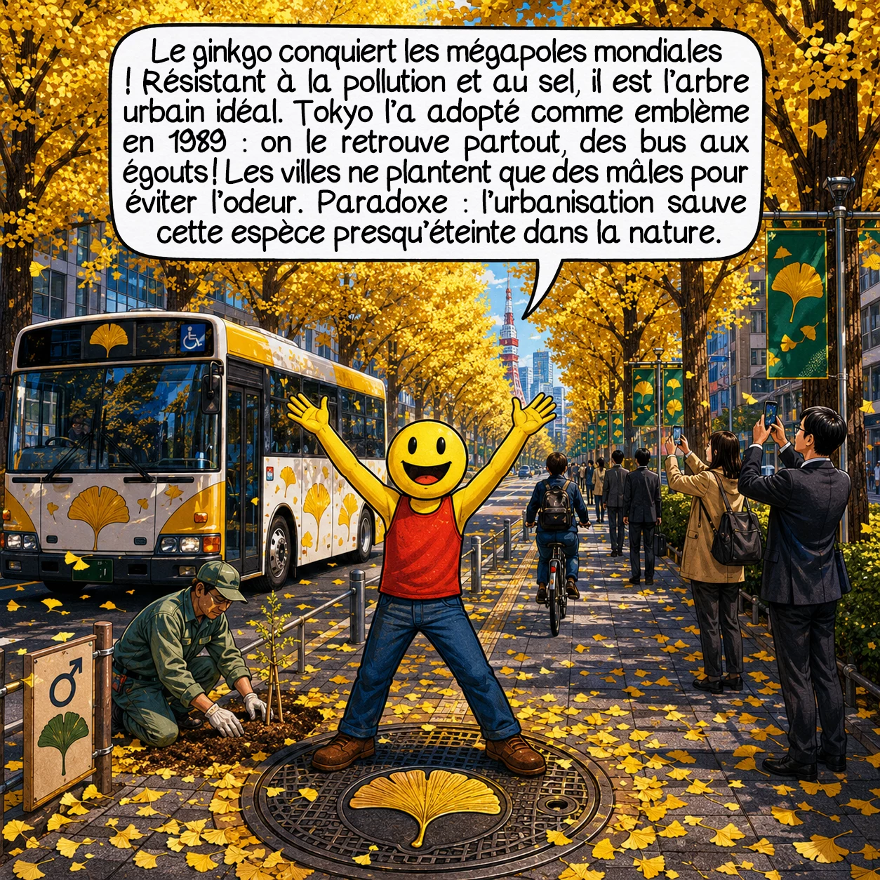 Le ginkgo biloba, case 9 : Le ginkgo conquiert les mégapoles mondiales ! Résistant à la pollution et au sel, il est l’arbre urbain idéal. Tokyo l’a adopté comme emblème en 1989 — on le retrouve partout, des bus aux égouts ! Les villes ne plantent que des mâles pour éviter l’odeur. Paradoxe : l’urbanisation sauve cette espèce presque éteinte dans la nature.