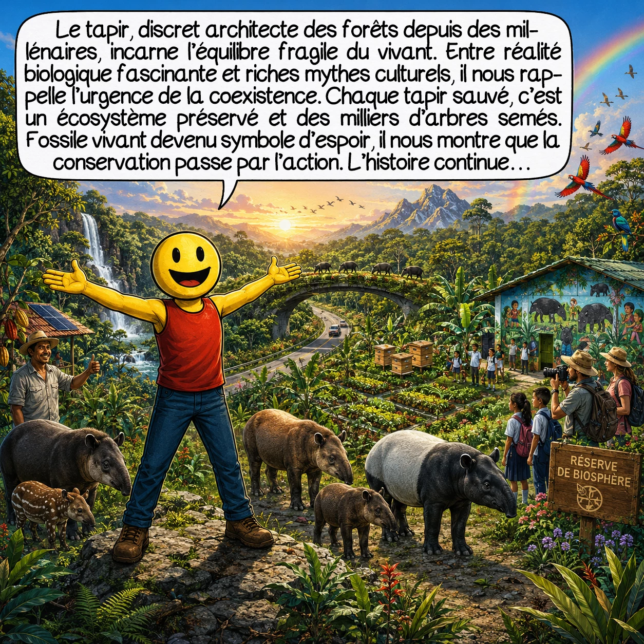 Le tapir, case 10 : Le tapir, architecte discret de nos forêts depuis la nuit des temps, nous enseigne l’urgence de la coexistence ! Entre réalité biologique fascinante et mythes culturels riches, il incarne l’équilibre fragile du vivant. Chaque tapir sauvé, c’est des milliers d’arbres plantés, un écosystème préservé, un patrimoine transmis. Fossile vivant devenu symbole d’espoir, le tapir nous rappelle que conservation rime avec action. L’histoire continue… ensemble, écrivons-la !