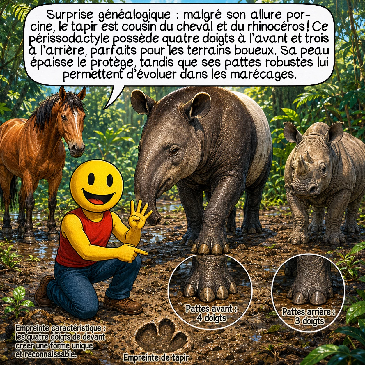 Le tapir, case 2 : Surprise généalogique : malgré son allure porcine, le tapir est cousin du cheval et du rhinocéros ! Tous appartiennent aux périssodactyles, les ongulés à nombre impair de doigts. Le tapir possède une particularité unique : quatre doigts aux pattes avant, trois à l’arrière, adaptation parfaite aux terrains boueux. Sa peau épaisse comme une armure le protège des prédateurs et branches acérées, tandis que ses pattes courtes, mais robustes lui permettent de naviguer dans les marécages les plus denses.