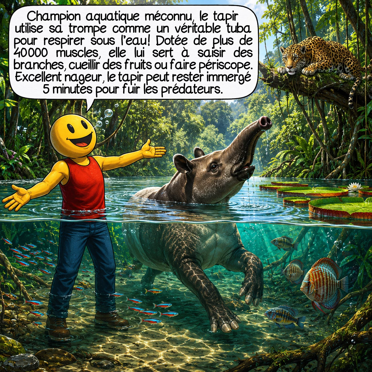 Le tapir, case 3 : Champion aquatique méconnu, le tapir utilise sa trompe comme un véritable tuba pour respirer sous l’eau ! Cette trompe extraordinaire contient plus de 40 000 muscles permettant une dextérité incroyable : saisir les branches jusqu’à 3 mètres, cueillir des fruits délicats, ou servir de périscope. Excellents nageurs pouvant rester immergés 5 minutes, les tapirs plongent pour échapper aux jaguars et pumas, se rafraîchir, ou simplement traverser les rivières dans leurs déplacements quotidiens.