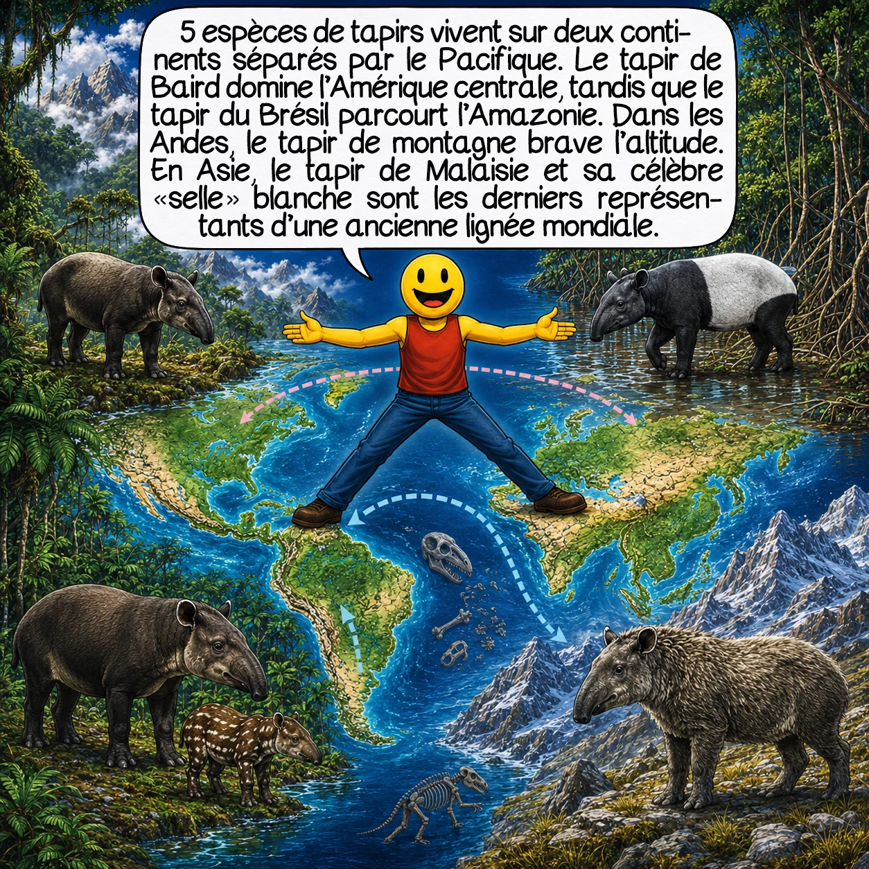 Le tapir, case 4 : Cinq espèces de tapirs peuplent deux continents séparés par l’océan Pacifique ! Le géant tapir de Baird (400 kg) règne en Amérique centrale. Le tapir du Brésil parcourt l’Amazonie, cohabitant avec le petit tapir kabomani, découvert seulement en 2013. Le tapir de montagne, avec sa fourrure laineuse, brave les Andes jusqu’à 4500 mètres. À l’autre bout du monde, le tapir de Malaisie arbore son unique « selle » blanche, dernier représentant asiatique d’une lignée autrefois mondiale.