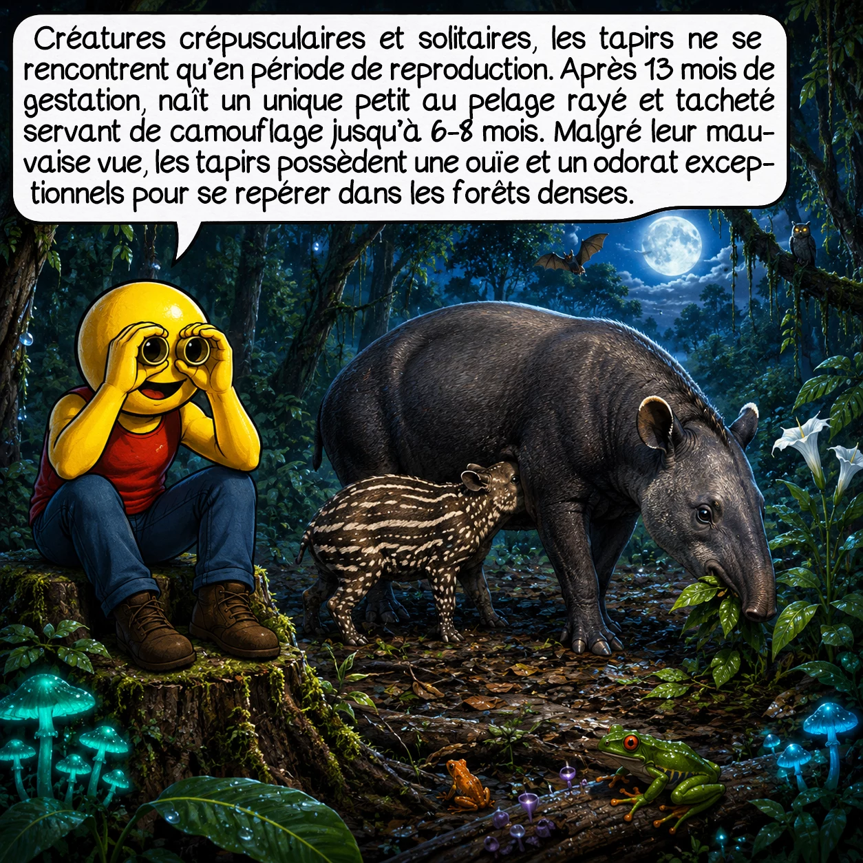 Le tapir, case 5 : Créatures crépusculaires solitaires, les tapirs ne se rencontrent qu’en période de reproduction. Après 13 mois de gestation — l’une des plus longues chez les mammifères terrestres — naît un unique petit au pelage rayé et tacheté, camouflage naturel qui disparaît vers 6-8 mois. Les tapirs communiquent par sifflements aigus et marquages olfactifs, compensant leur mauvaise vue par une ouïe et un odorat exceptionnels, véritables radars dans l’obscurité forestière dense.