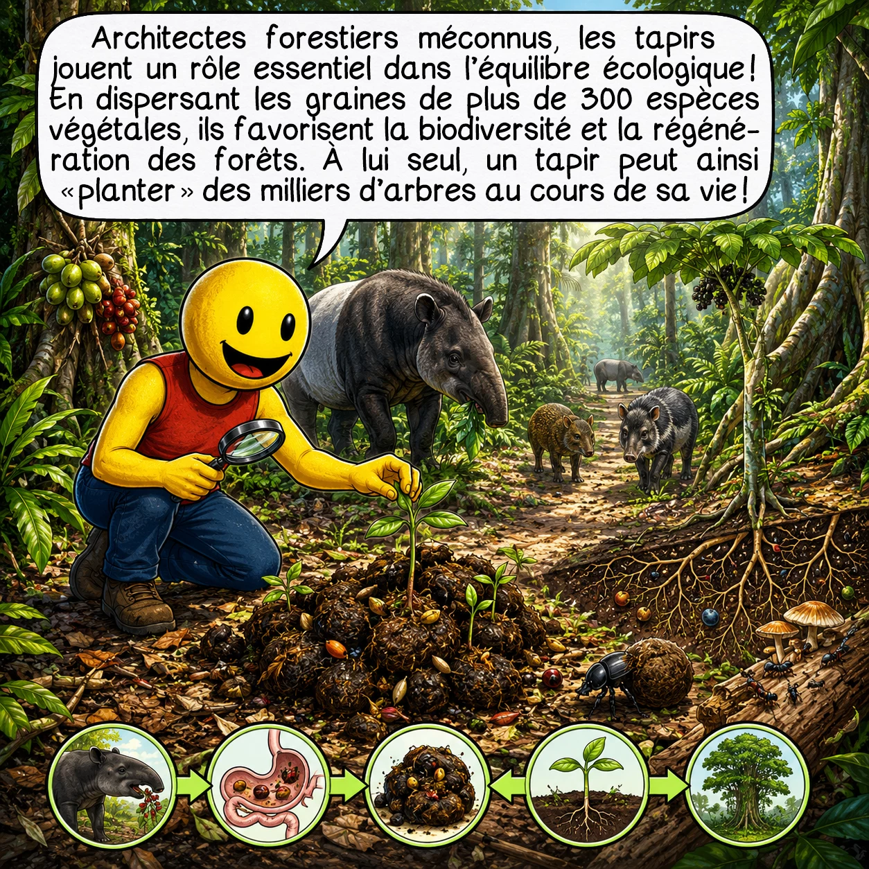 Le tapir, case 6 : Architectes forestiers méconnus, les tapirs sont essentiels à l’équilibre écologique ! Consommant 8-10 kg de végétation quotidiennement, ils dispersent les graines de plus de 300 espèces végétales, certaines ne germant qu’après passage dans leur système digestif. Leurs sentiers permanents créent des corridors écologiques vitaux, leurs « latrines » communes deviennent des îlots de biodiversité. Un seul tapir peut « planter » des milliers d’arbres durant sa vie, véritable jardinier de la nature !