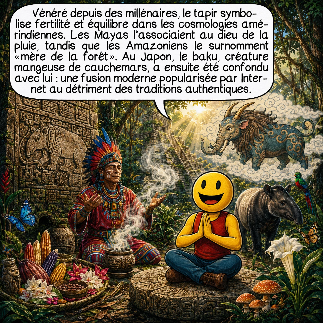 Le tapir, case 7 : Vénéré depuis des millénaires, le tapir incarne fertilité et équilibre dans les cosmologies amérindiennes ! Les Mayas l’associaient au dieu de la pluie, les Amazoniens le nomment « mère de la forêt ». Curieusement, le folklore japonais du XIVe siècle présente le baku, chimère mangeuse de cauchemars souvent confondue avec le vrai tapir. Cette fusion moderne entre mythe asiatique et animal américain, popularisée par internet, illustre comment les légendes contemporaines peuvent éclipser les savoirs traditionnels authentiques.