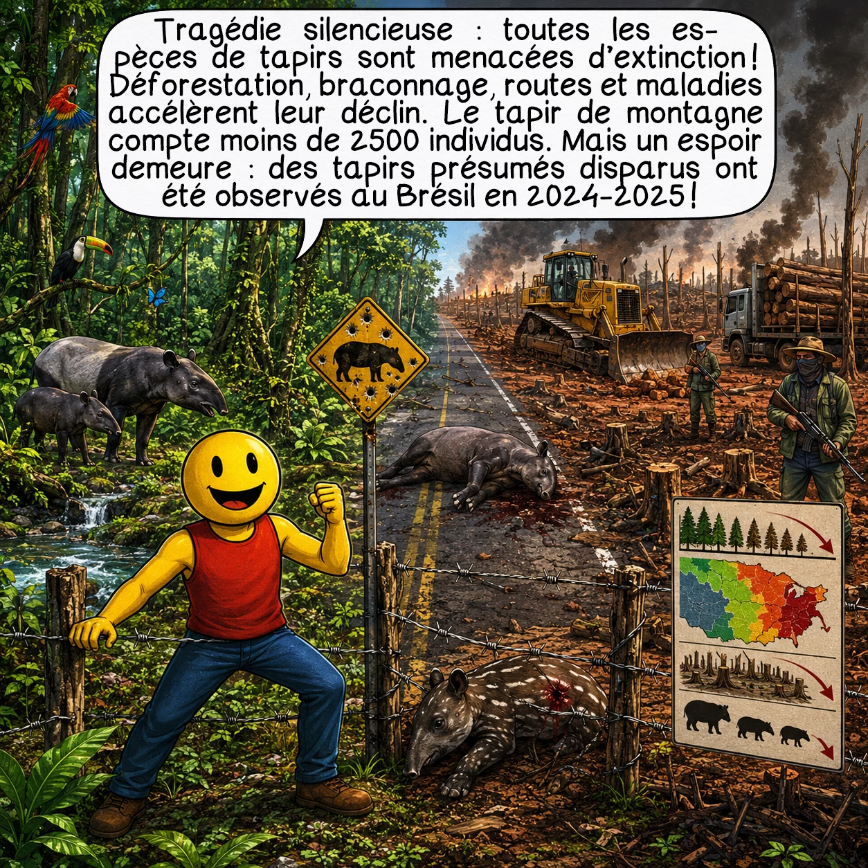 Le tapir, case 8 : Tragédie silencieuse : toutes les espèces de tapirs sont menacées d’extinction, classées vulnérables ou en danger ! La déforestation détruit 10 000 km² d’habitat annuellement, fragmentant des populations génétiquement isolées. Braconnage pour viande et cuir, collisions routières mortelles, maladies du bétail domestique aggravent leur déclin. Le tapir de montagne compte moins de 2500 individus. Pourtant, lueur d’espoir : des tapirs présumés disparus ont été observés au Brésil en 2024-2025 !