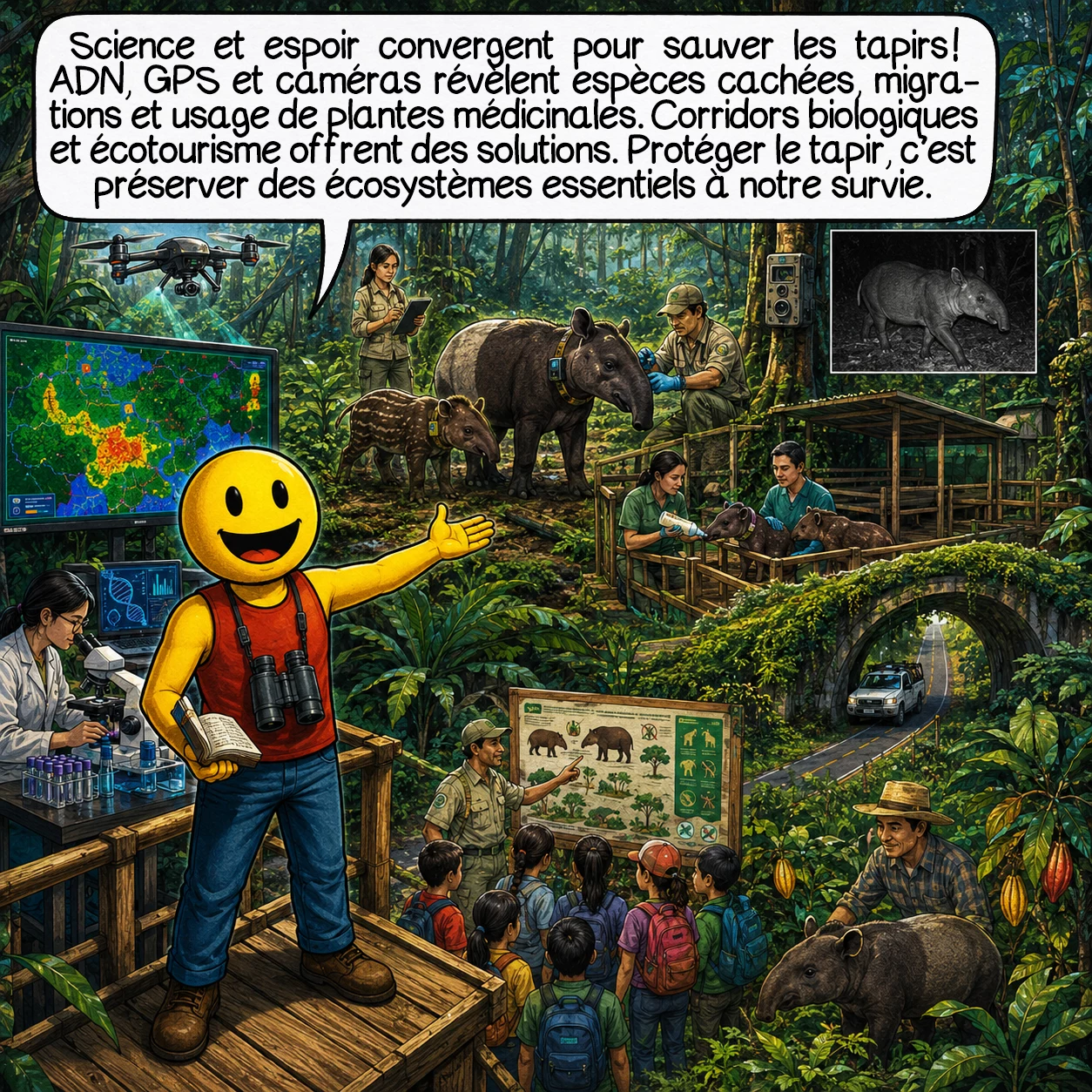 Le tapir, case 9 : Science et espoir convergent pour sauver les tapirs ! L’analyse ADN révèle des surprises, comme le tapir kabomani, cinquième espèce cachée en Amazonie. GPS dévoilent territoires de 10 km² et migrations insoupçonnées. Caméras documentent pharmacopée naturelle : plantes médicinales consommées spécifiquement ! Corridors biologiques, écotourisme responsable, agroforesterie intelligente montrent la voie. Protéger le tapir, c’est sauvegarder des écosystèmes entiers dont dépend notre survie.