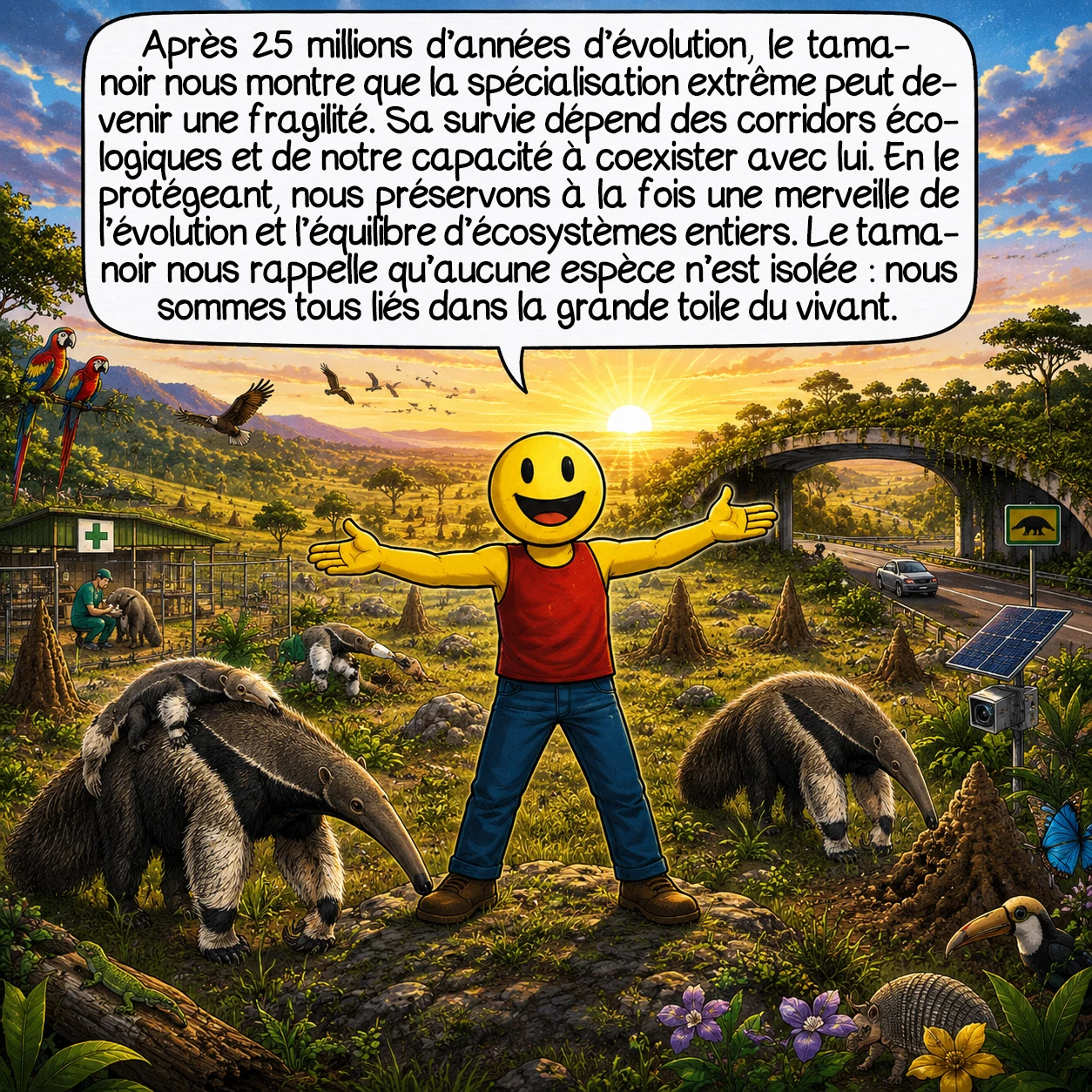 Le tamanoir, case 10 : Après 25 millions d’années d’évolution, le tamanoir nous enseigne que spécialisation extrême rime avec fragilité. Sa survie dépend de corridors écologiques et de notre volonté de coexister. En le protégeant, nous préservons non seulement une merveille de l’évolution, mais aussi l’équilibre délicat d’écosystèmes entiers. Le tamanoir nous rappelle qu’il n’existe pas d’espèce isolée — nous sommes tous interconnectés dans la grande toile du vivant.