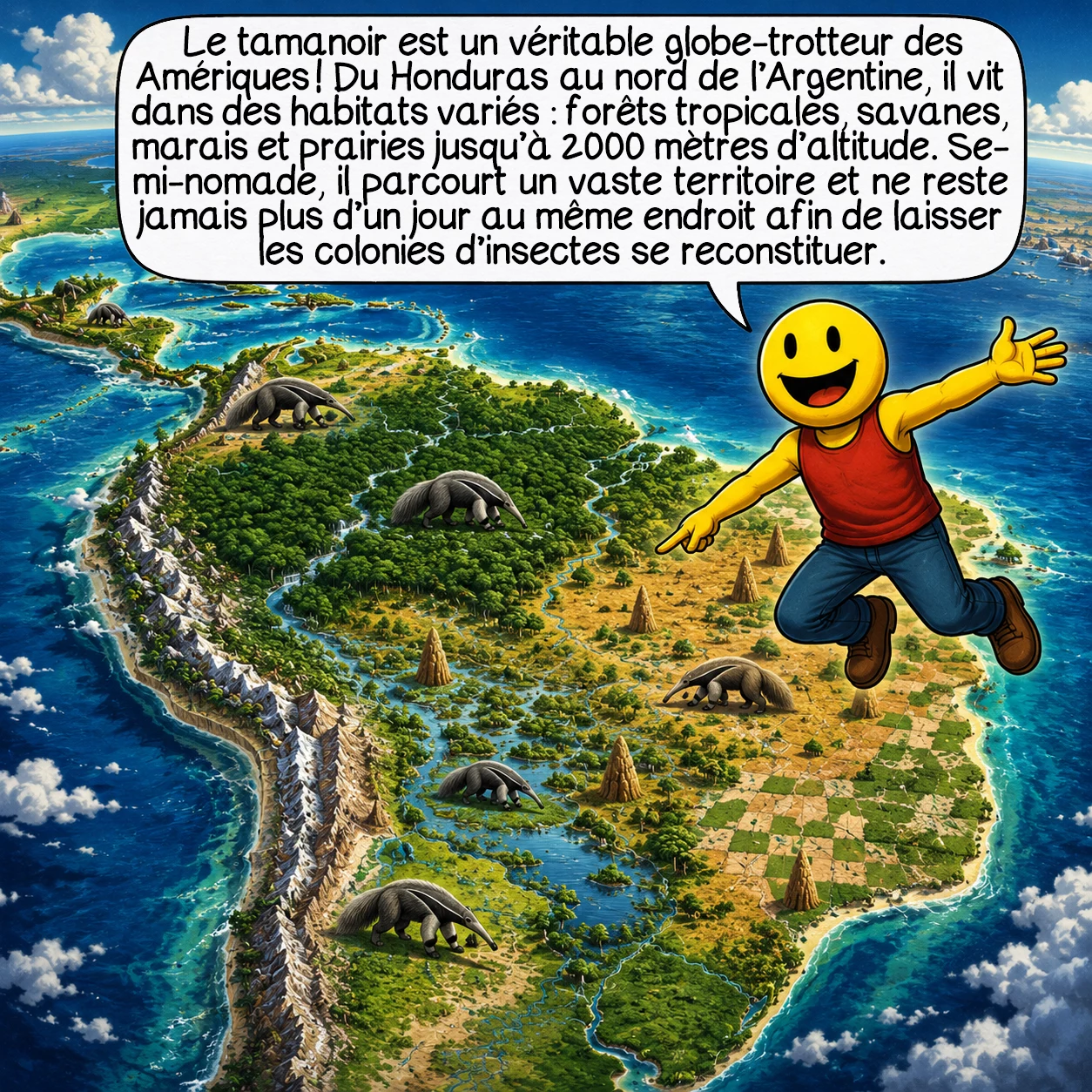 Le tamanoir, case 2 : Le tamanoir est un véritable globe-trotteur des Amériques ! Du Honduras jusqu’au nord de l’Argentine, il s’adapte à des habitats variés : forêts tropicales, savanes, marais et prairies jusqu’à 2000 mètres d’altitude. Chaque individu parcourt un territoire pouvant atteindre 9000 hectares selon la disponibilité de nourriture. Animal semi-nomade, il ne reste jamais plus d’un jour au même endroit pour permettre aux colonies d’insectes de se reconstituer.