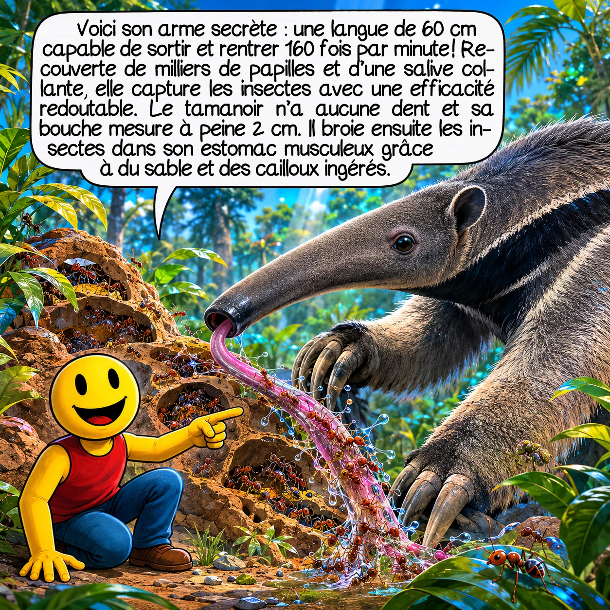 Le tamanoir, case 3 : Voici son arme secrète : une langue de 60 cm capable de sortir et rentrer 160 fois par minute ! Recouverte de milliers de papilles et d’une salive collante produite par des glandes surdéveloppées, elle capture les insectes avec une efficacité redoutable. Le tamanoir n’a aucune dent — sa bouche fait à peine 2 cm de diamètre. Il broie les insectes dans son estomac musculeux avec du sable et des cailloux ingérés.
