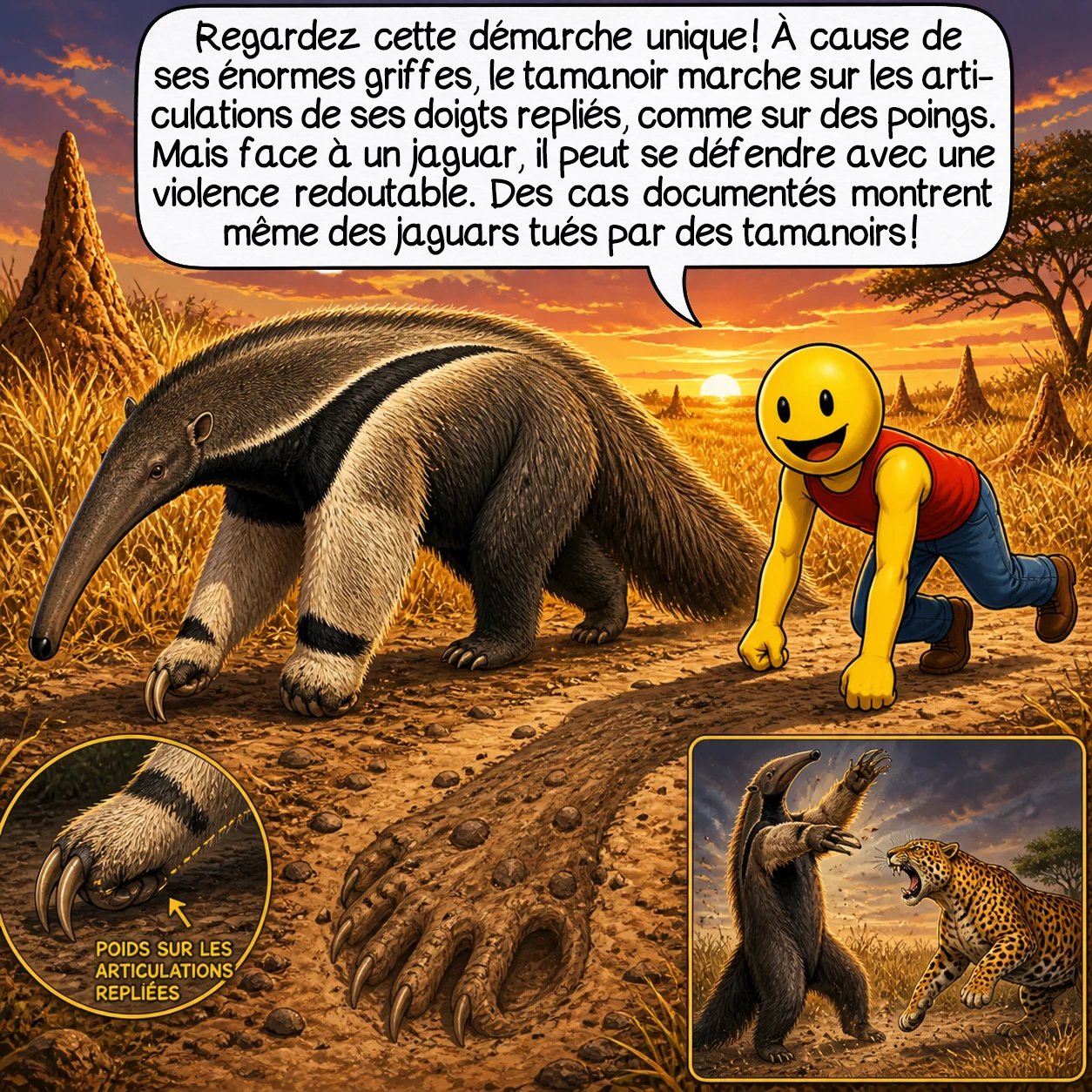 Le tamanoir, case 4 : Regardez cette démarche unique ! À cause de ses griffes impressionnantes, le tamanoir marche sur les articulations de ses doigts repliés, comme sur des poings. Ces griffes ne servent pas qu’à déchirer les termitières — face aux prédateurs comme les jaguars, il se dresse sur ses pattes arrière et peut infliger des blessures mortelles. Des cas documentés montrent des jaguars tués par des tamanoirs en légitime défense !