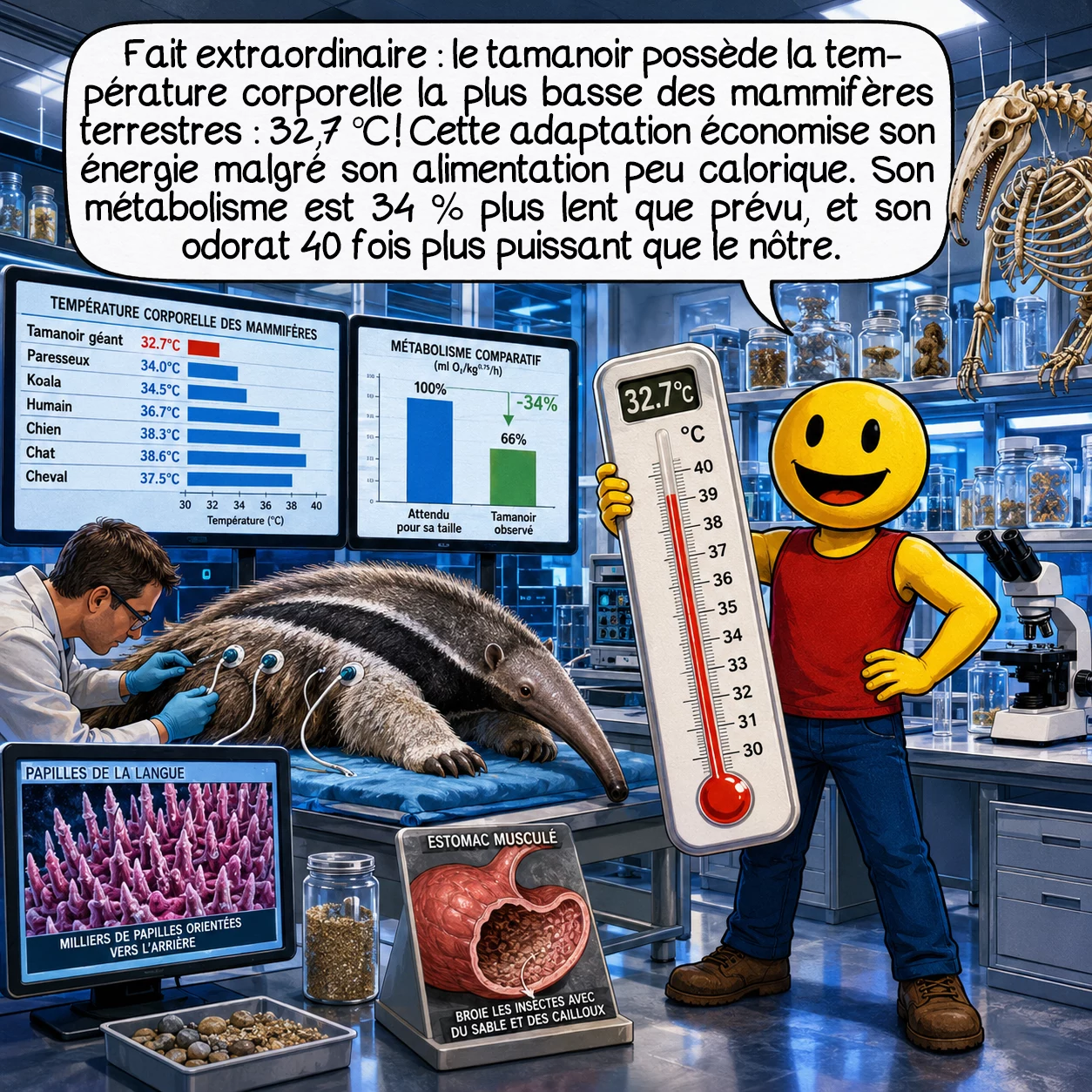 Le tamanoir, case 5 : Fait extraordinaire : le tamanoir détient le record de la température corporelle la plus basse des mammifères terrestres, seulement 32,7 °C ! Cette adaptation lui permet d’économiser l’énergie dans son régime pauvre en calories. Son métabolisme est 34 % plus lent que prévu pour sa taille. Il possède également un odorat 40 fois supérieur au nôtre, détectant les phéromones des insectes à distance.