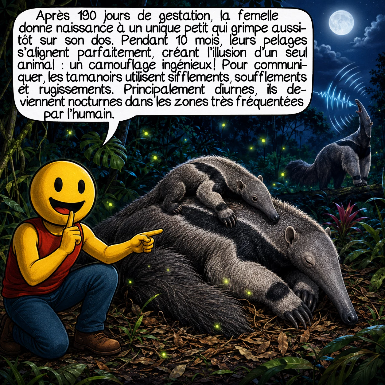 Le tamanoir, case 6 : Après 190 jours de gestation, la femelle donne naissance à un unique petit qui grimpe immédiatement sur son dos. Il y restera 10 mois, leurs pelages s’alignant parfaitement pour créer l’illusion d’un seul animal — un camouflage génial ! Pour communiquer, les tamanoirs utilisent des sifflements aigus, des soufflements, et même des rugissements. Principalement diurnes, ils deviennent nocturnes dans les zones à forte activité humaine.