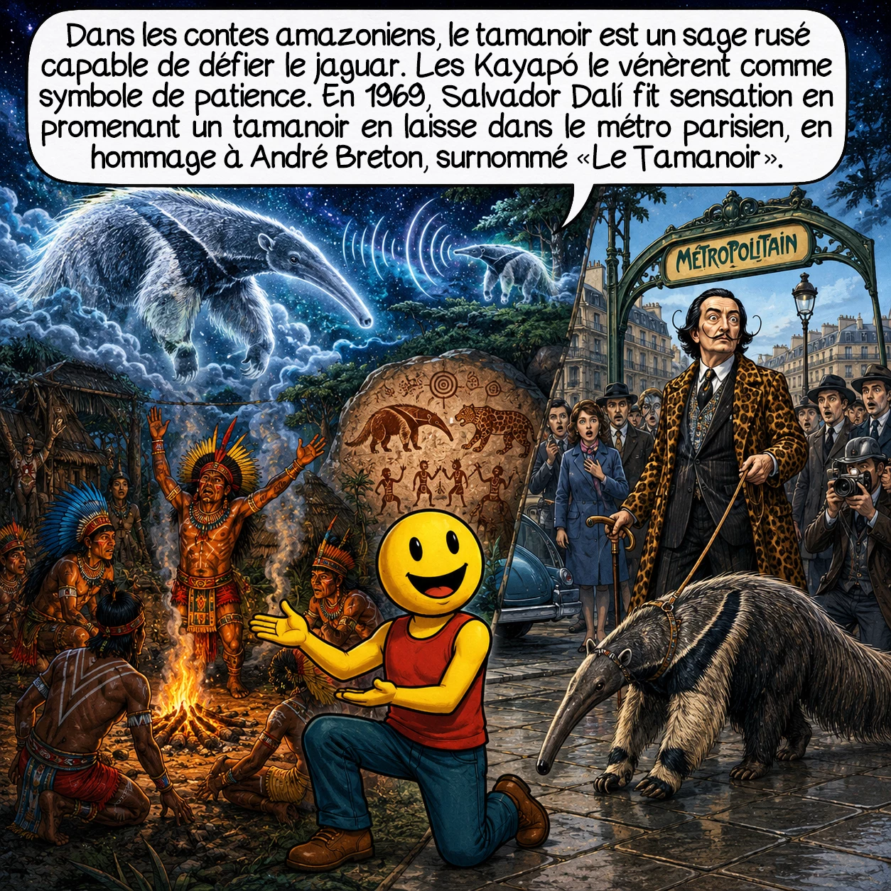 Le tamanoir, case 7 : Dans les contes amazoniens, le tamanoir est le sage rusé capable de défier le jaguar ! Les Kayapó le vénèrent comme symbole de patience et persévérance. Cette fascination transcende les cultures : en 1969, Salvador Dalí créa l’événement en sortant du métro parisien avec un tamanoir en laisse ! Ce geste surréaliste rendait hommage à André Breton, surnommé « Le Tamanoir » par les surréalistes.