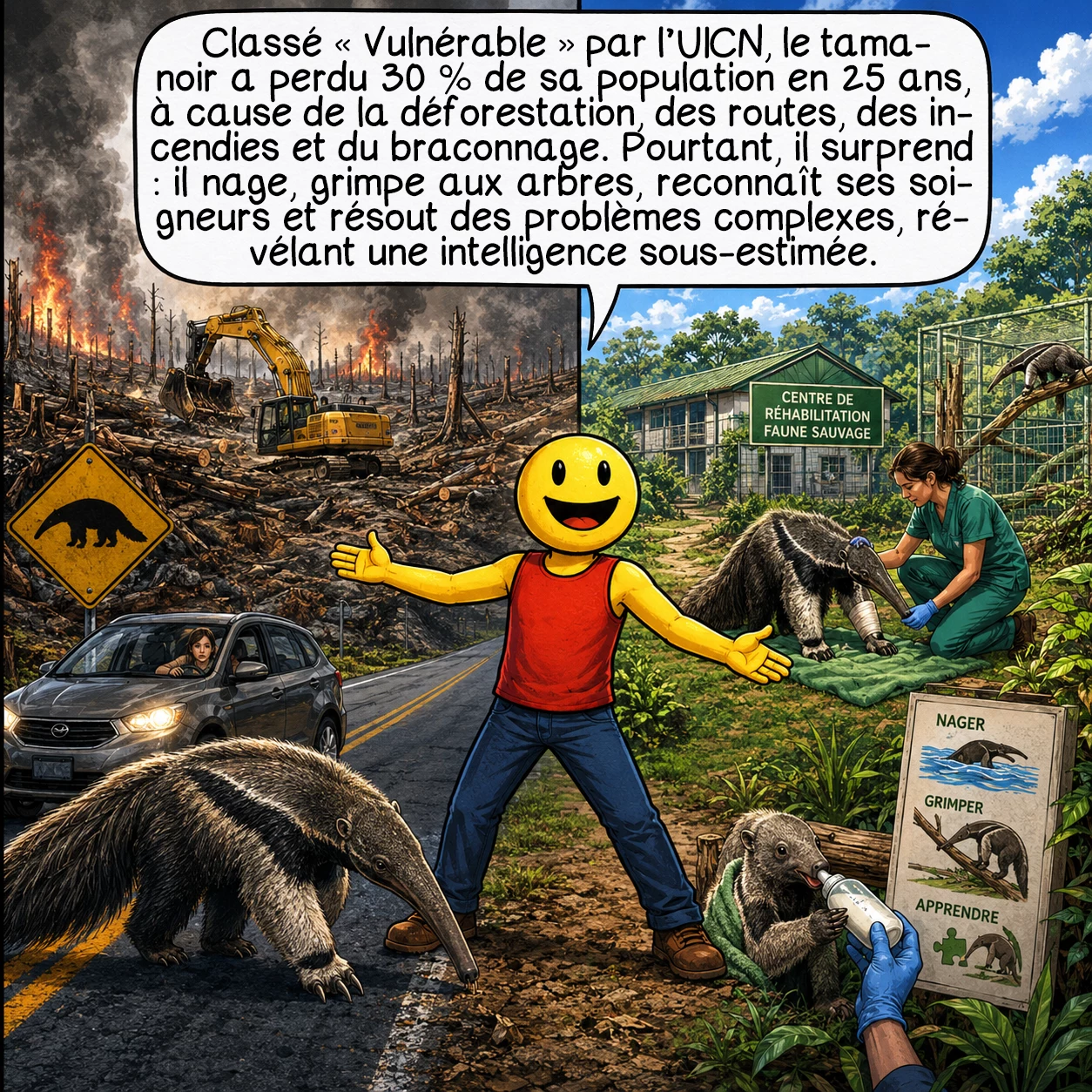 Le tamanoir, case 8 : Classé « Vulnérable » par l’UICN, le tamanoir a perdu 30 % de sa population en 25 ans. Menaces principales : déforestation, collisions routières, incendies et braconnage. Mais l’espoir existe ! Des centres de réhabilitation révèlent leurs capacités cachées : ils peuvent nager efficacement et grimper aux arbres. Ils reconnaissent leurs soigneurs et résolvent des problèmes complexes, prouvant une intelligence sous-estimée.