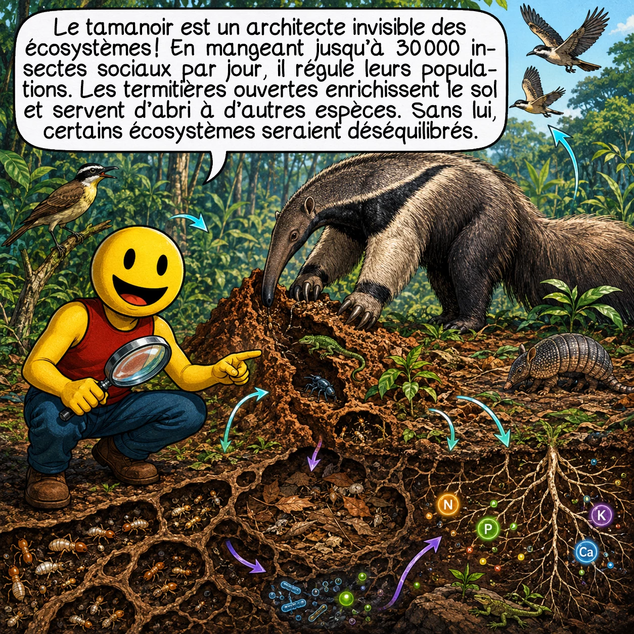 Le tamanoir, case 9 : Le tamanoir est l’architecte invisible des écosystèmes ! En contrôlant les populations d’insectes sociaux — jusqu’à 30 000 par jour — il maintient l’équilibre naturel. Chaque termitière ouverte devient un micro-habitat pour d’autres espèces et enrichit le sol en nutriments. Son rôle écologique est irremplaçable : sans lui, certains écosystèmes s’effondreraient sous la prolifération des insectes sociaux.