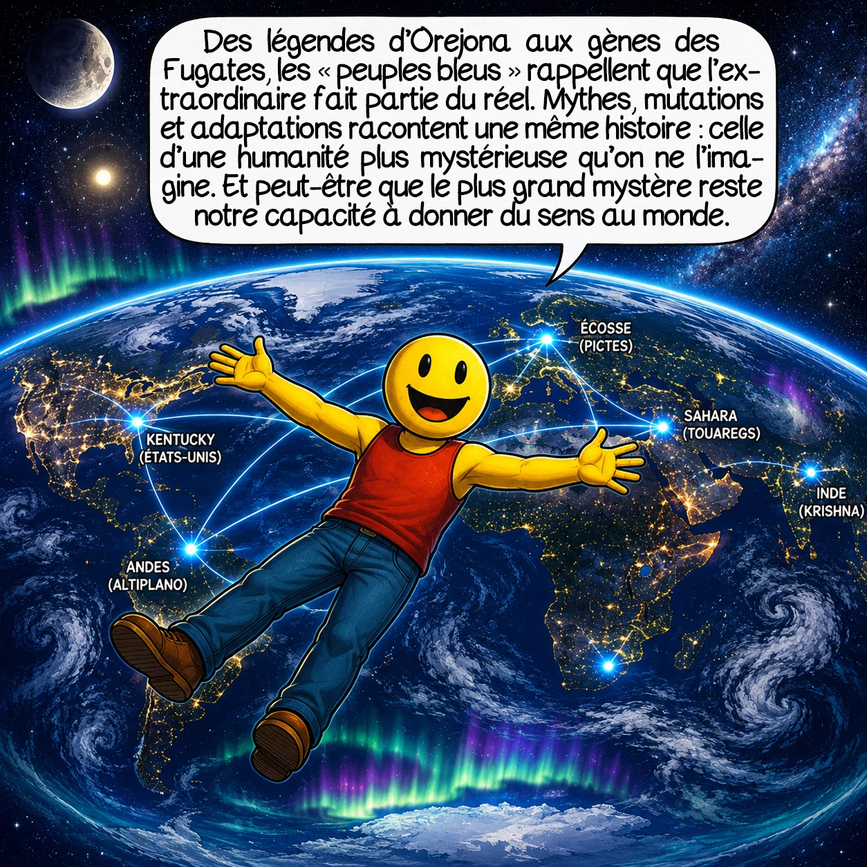Les Indiens bleus, case 10 : Des légendes d’Orejona aux gènes des Fugates, des temples hindous aux mines des Andes, les « peuples bleus » nous rappellent que l’extraordinaire fait partie de l’ordinaire. Mythes, mutations, adaptations : trois façons de raconter la même histoire — celle d’une humanité plus diverse et mystérieuse qu’on ne l’imagine. Dans ce monde où la science dévoile les secrets tout en préservant l’émerveillement, peut-être que le plus grand mystère reste notre capacité infinie à créer du sens à partir du réel.