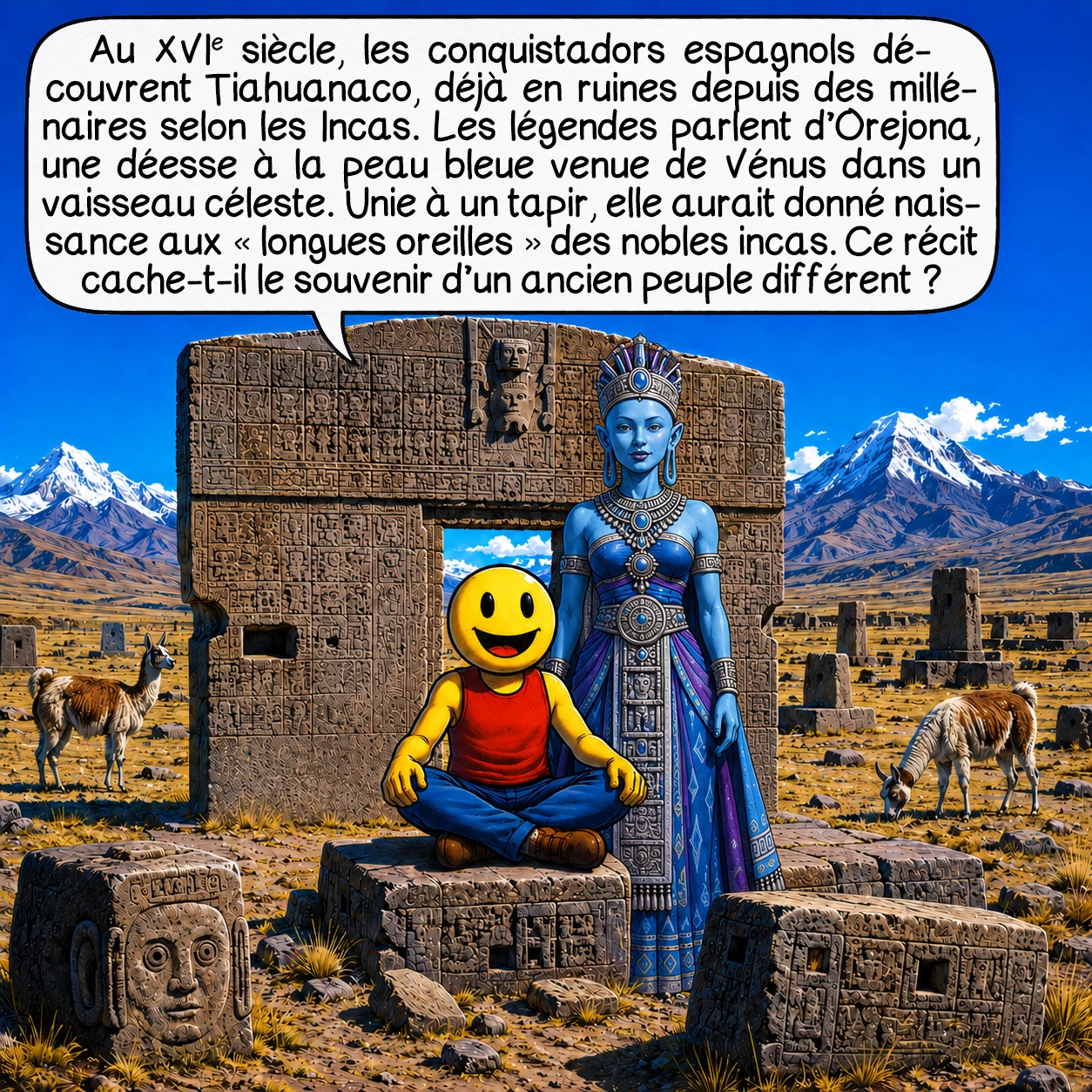Les Indiens bleus, case 2 : Au XVIe siècle, les conquistadors espagnols découvrent Tiahuanaco, déjà en ruines depuis des millénaires selon les Incas. Les légendes locales parlent d’Orejona, une déesse à la peau bleue venue de Vénus dans un vaisseau céleste ! Elle se serait unie à un tapir, donnant naissance à une lignée d’êtres hybrides aux oreilles allongées — d’où les « longues oreilles » des nobles incas. Cette histoire fantastique cache-t-elle un fond de vérité sur d’anciens peuples à la physiologie différente ?