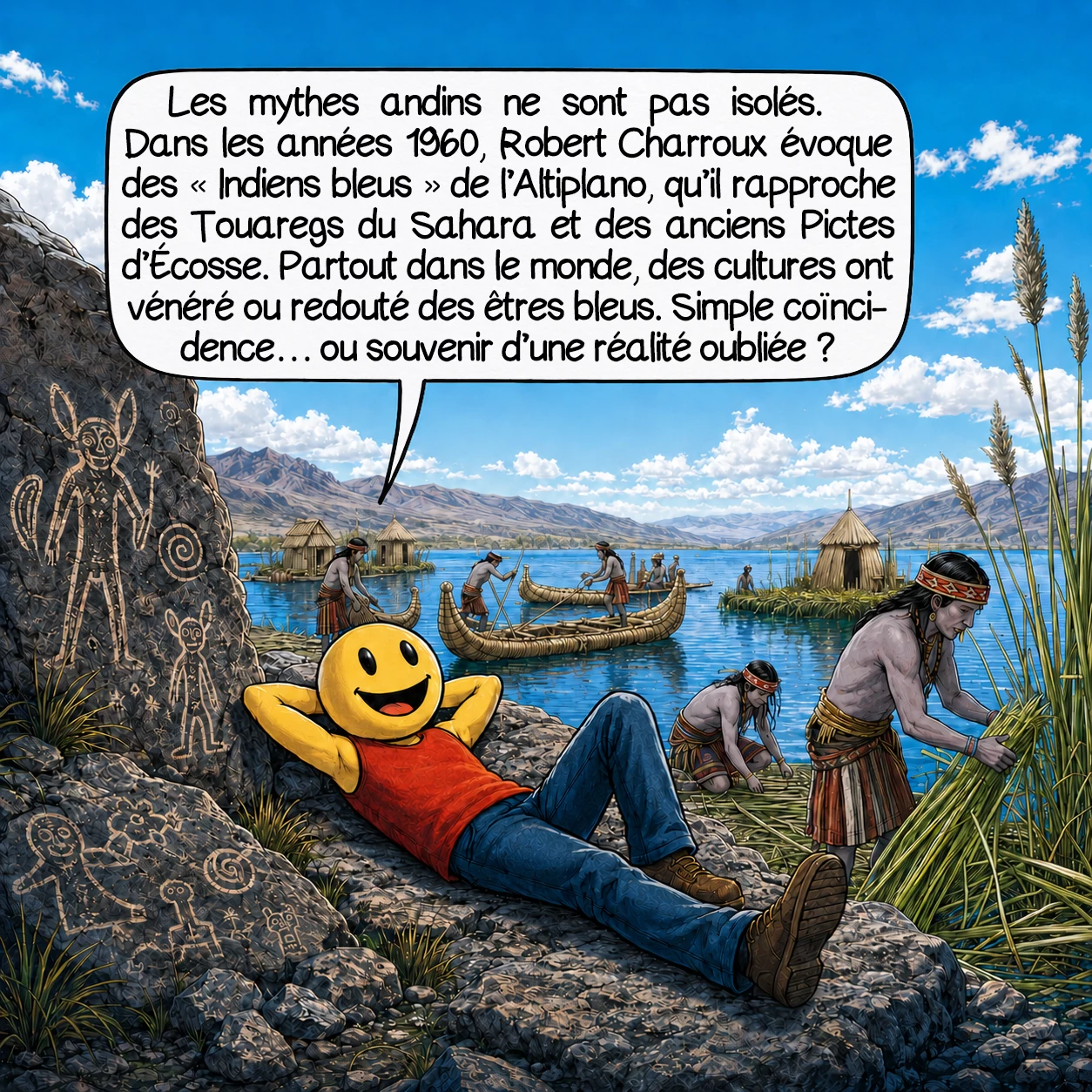 Les Indiens bleus, case 3 : Les mythes andins ne sont pas isolés. L’écrivain Robert Charroux évoque dans les années 1960 des « Indiens bleus » vivant sur l’Altiplano, leur teinte causée par le manque d’oxygène en altitude. Il les compare aux Touaregs « hommes bleus » du Sahara, teintés par l’indigo, et aux anciens Pictes d’Écosse qui se peignaient en bleu. Partout sur Terre, des cultures ont vénéré ou redouté des êtres bleus. Simple coïncidence ou mémoire collective d’une réalité oubliée ?