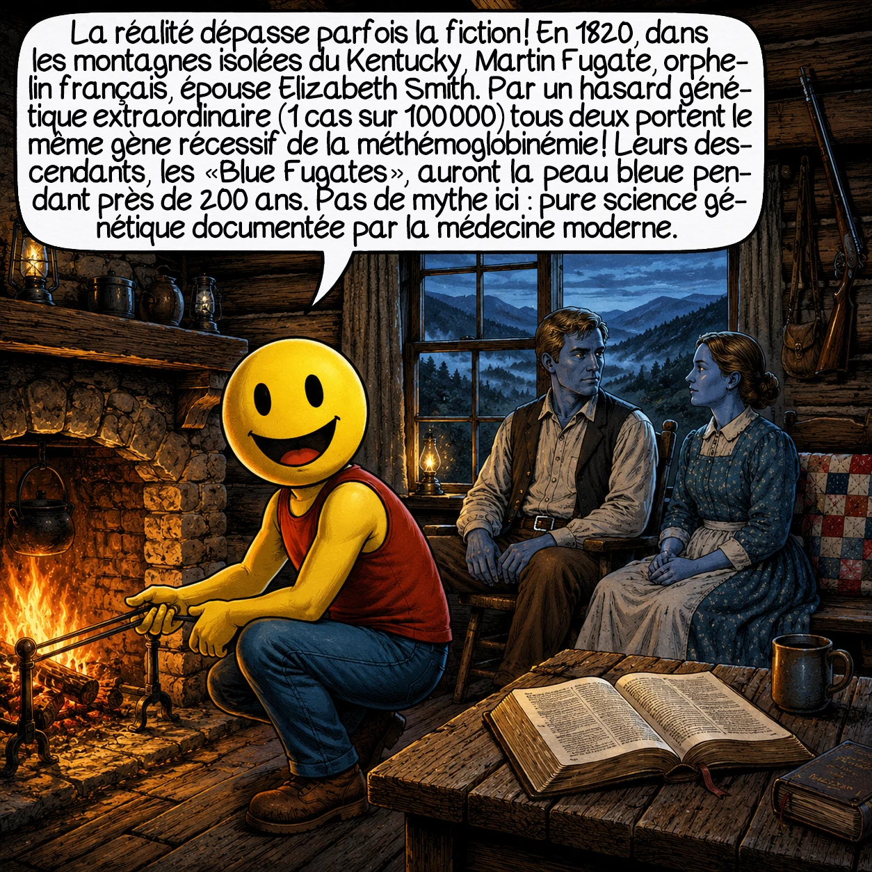 Les Indiens bleus, case 4 : Mais la réalité dépasse parfois la fiction ! En 1820, dans les montagnes isolées du Kentucky, Martin Fugate, orphelin français, épouse Elizabeth Smith. Par un hasard génétique extraordinaire — probabilité de 1 sur 100 000 — tous deux portent le même gène récessif de la méthémoglobinémie ! Leurs descendants, les « Blue Fugates », auront littéralement la peau bleue pendant près de 200 ans. Pas de mythe ici : pure science génétique documentée par la médecine moderne.