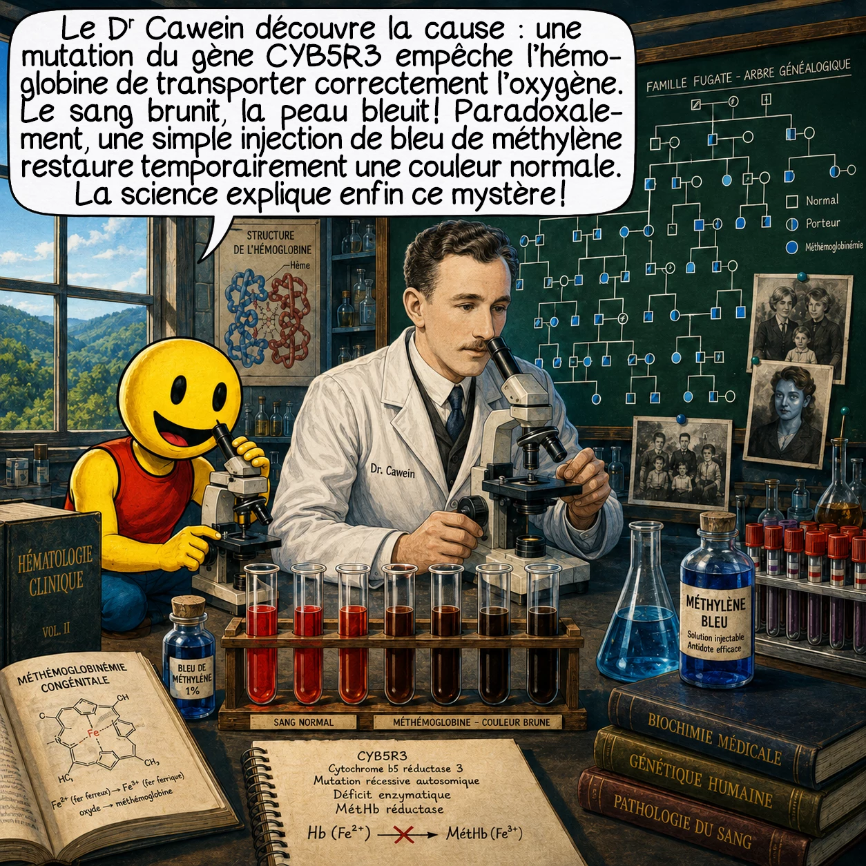 Les Indiens bleus, case 5 : Le Dr Cawein découvre la cause : une mutation du gène CYB5R3 empêche la production de méthémoglobine réductase. Sans cette enzyme, le fer de l’hémoglobine s’oxyde, créant de la méthémoglobine brune incapable de transporter l’oxygène. Le sang devient couleur chocolat, la peau bleuit ! Paradoxalement, une simple injection de bleu de méthylène — un colorant bleu — restaure temporairement la couleur normale. La science explique enfin ce qui semblait surnaturel !
