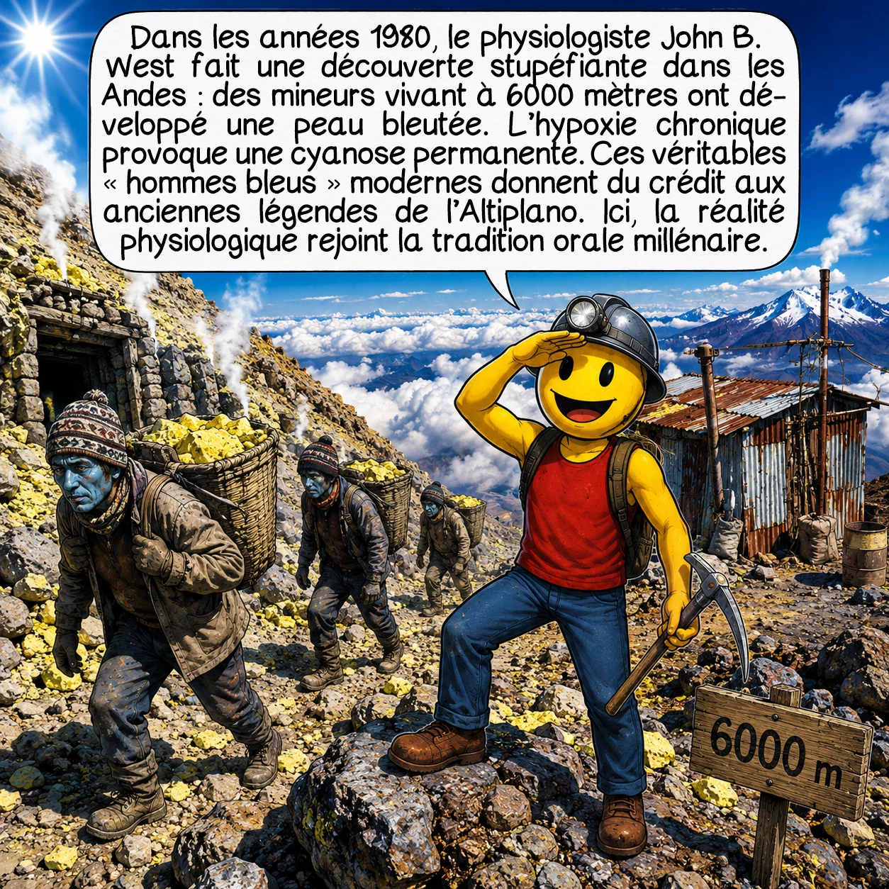 Les Indiens bleus, case 6 : Dans les années 1980, le physiologiste John B. West fait une découverte stupéfiante dans les mines de soufre des Andes : des mineurs vivant en permanence à 6000 mètres ont développé une peau bleutée ! L’hypoxie chronique provoque une cyanose permanente. Ces vrais « hommes bleus » modernes donnent soudain crédit aux anciennes légendes. L’altitude extrême peut-elle expliquer les mythes d’Indiens bleus de l’Altiplano ? La réalité physiologique rejoint ici la tradition orale millénaire.