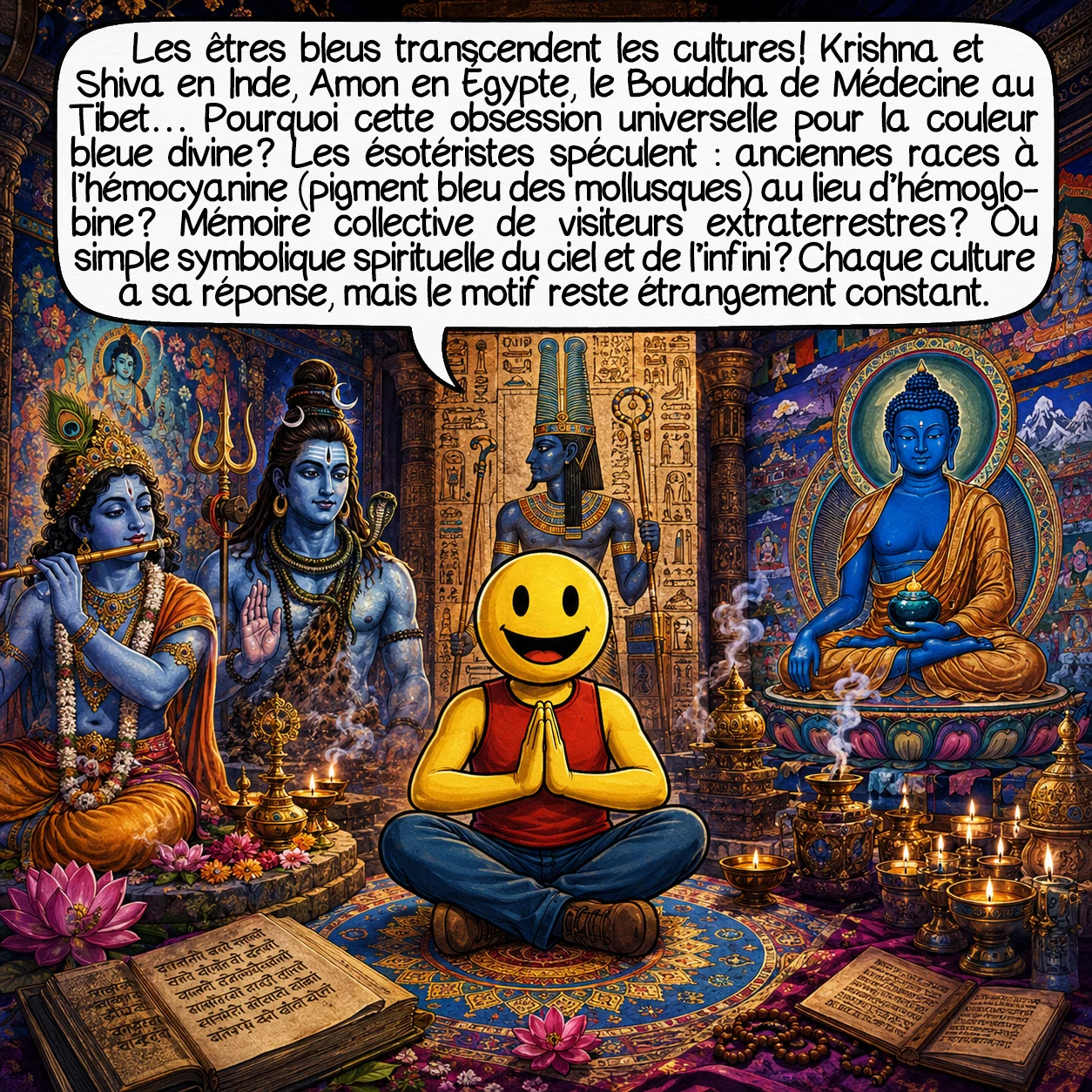 Les Indiens bleus, case 7 : Les êtres bleus transcendent les cultures ! Krishna et Shiva en Inde, Amon en Égypte, le Bouddha de Médecine au Tibet… Pourquoi cette obsession universelle pour la couleur bleue divine ? Les ésotéristes spéculent : anciennes races à l’hémocyanine (pigment bleu des mollusques) au lieu d’hémoglobine ? Mémoire collective de visiteurs extraterrestres ? Ou simple symbolique spirituelle du ciel et de l’infini ? Chaque culture a sa réponse, mais le motif reste étrangement constant.