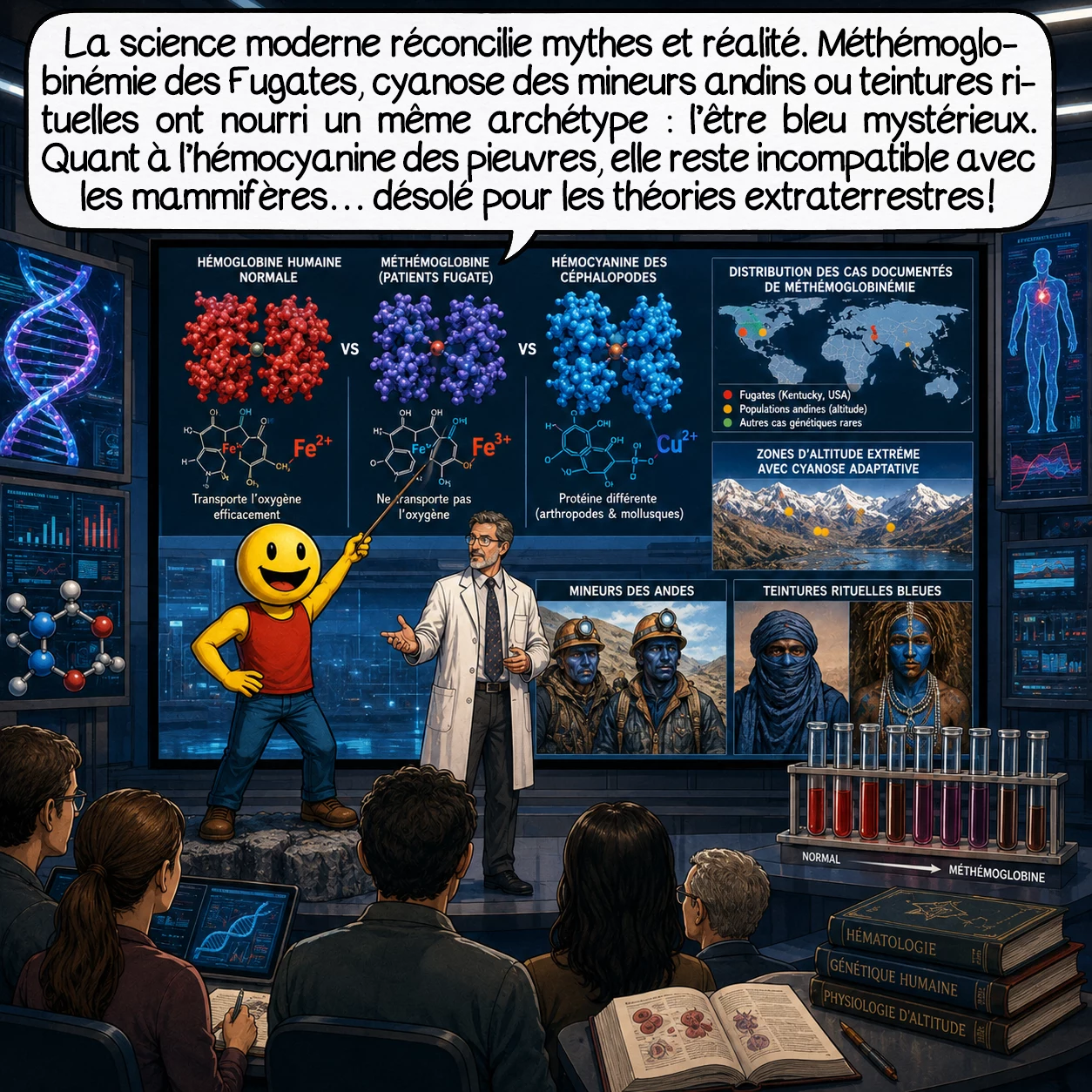 Les Indiens bleus, case 8 : La science moderne réconcilie mythes et réalité. La méthémoglobinémie des Fugates, la cyanose d’altitude des mineurs andins, les teintures rituelles bleues des anciens peuples — tous ces phénomènes ont nourri des légendes similaires. L’isolement génétique, l’adaptation physiologique et l’imagination humaine ont créé un archétype universel : l’être bleu mystérieux. Quant à l’hémocyanine des pieuvres, elle reste biologiquement incompatible avec les mammifères — désolé pour les théories extraterrestres !