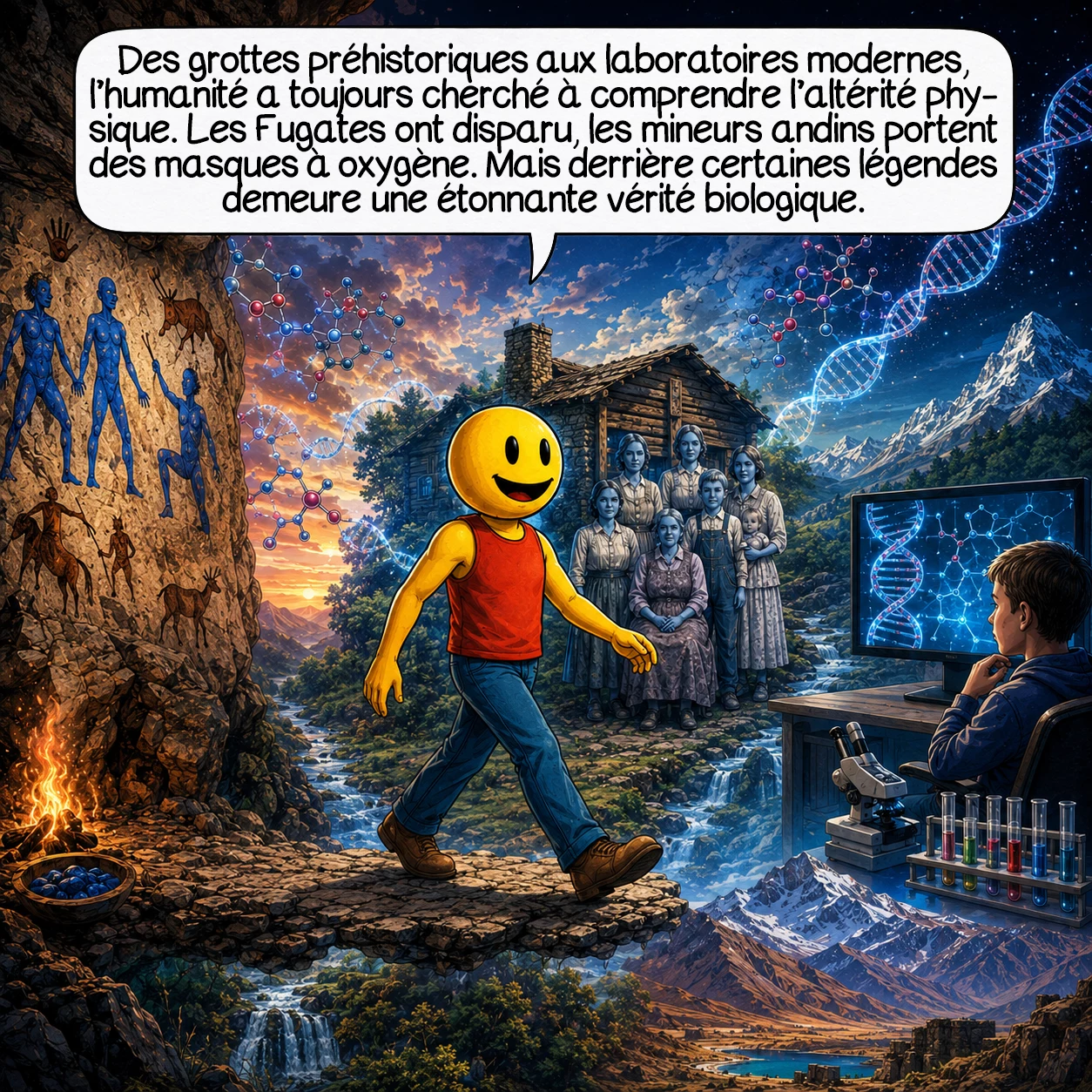 Les Indiens bleus, case 9 : Des grottes préhistoriques aux laboratoires d’aujourd’hui, l’humanité a toujours cherché à comprendre l’altérité physique. Les Fugates ont disparu, dilués génétiquement dans la population moderne. Les mineurs andins portent maintenant des masques à oxygène. Mais leur héritage survit : comprendre que la diversité humaine peut prendre des formes extraordinaires, que la science éclaire les mythes sans les détruire, et que, derrière chaque légende se cache souvent une parcelle de vérité biologique inattendue.