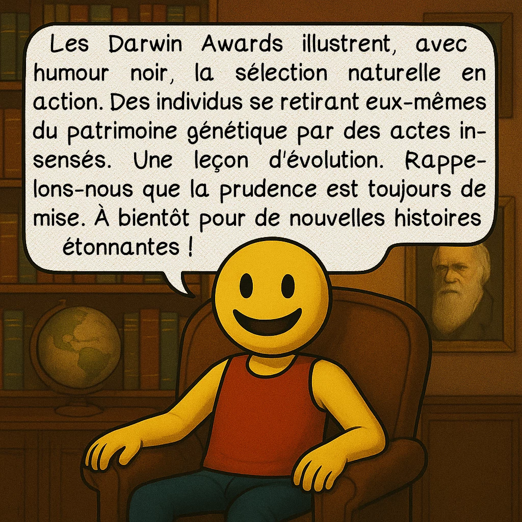 Les Darwin awards, case 10 : Les Darwin Awards illustrent, avec humour noir, la sélection naturelle en action. Des individus se retirant eux-mêmes du patrimoine génétique par des actes insensés. Une leçon d'évolution. Rappelons-nous que la prudence est toujours de mise. À bientôt pour de nouvelles histoires étonnantes !