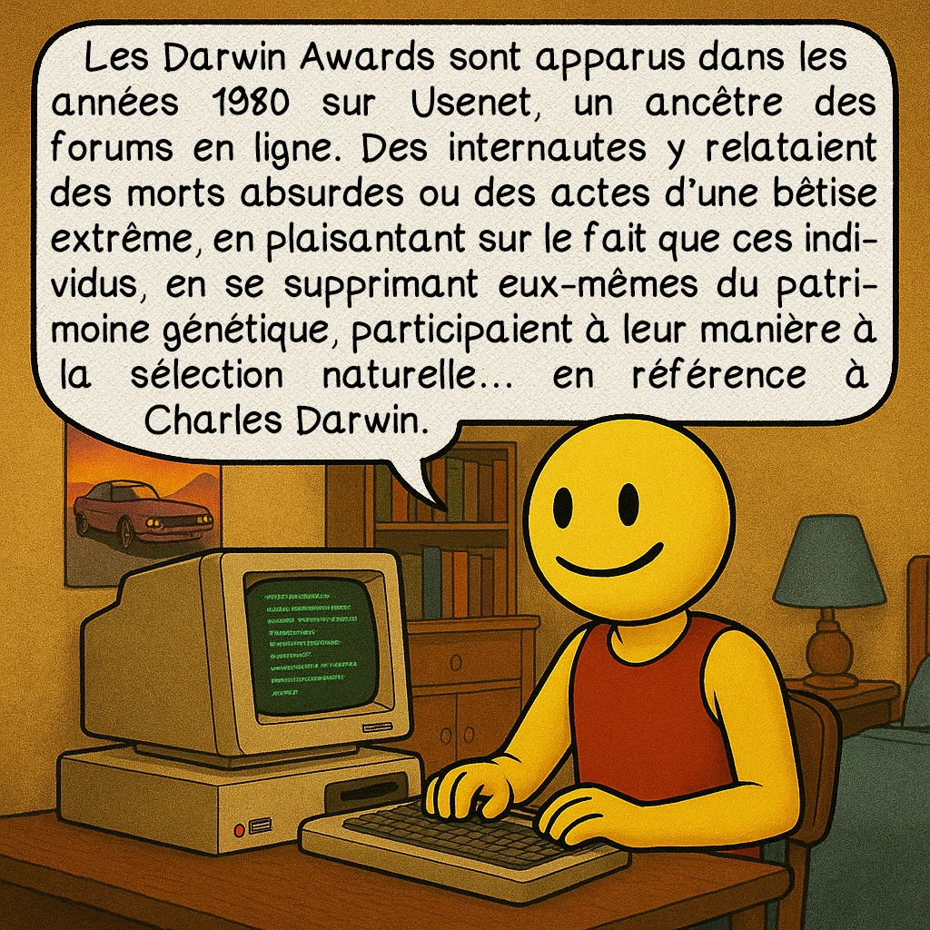 Les Darwin awards, case 2 : Les Darwin Awards sont apparus dans les années 1980 sur Usenet, un ancêtre des forums en ligne. Des internautes y relataient des morts absurdes ou des actes d’une bêtise extrême, en plaisantant sur le fait que ces individus, en se supprimant eux-mêmes du patrimoine génétique, participaient à leur manière à la sélection naturelle… en référence à Charles Darwin.