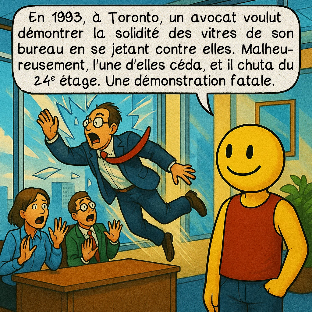Les Darwin awards, case 3 : En 1993, à Toronto, un avocat voulut démontrer la solidité des vitres de son bureau en se jetant contre elles. Malheureusement, l'une d'elles céda, et il chuta du 24e étage. Une démonstration fatale.