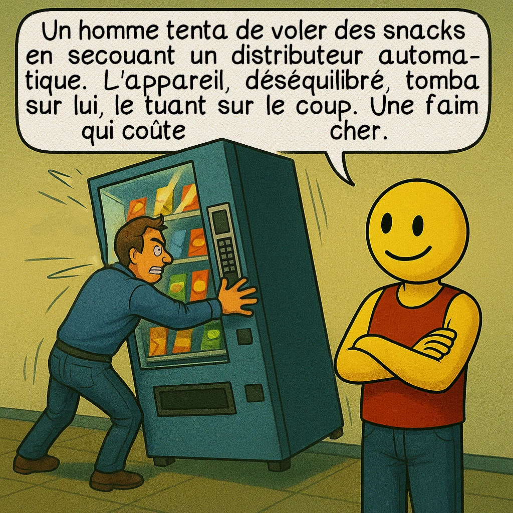 Les Darwin awards, case 4 : Un homme tenta de voler des snacks en secouant un distributeur automatique. L'appareil, déséquilibré, tomba sur lui, le tuant sur le coup. Une faim qui coûte cher.
