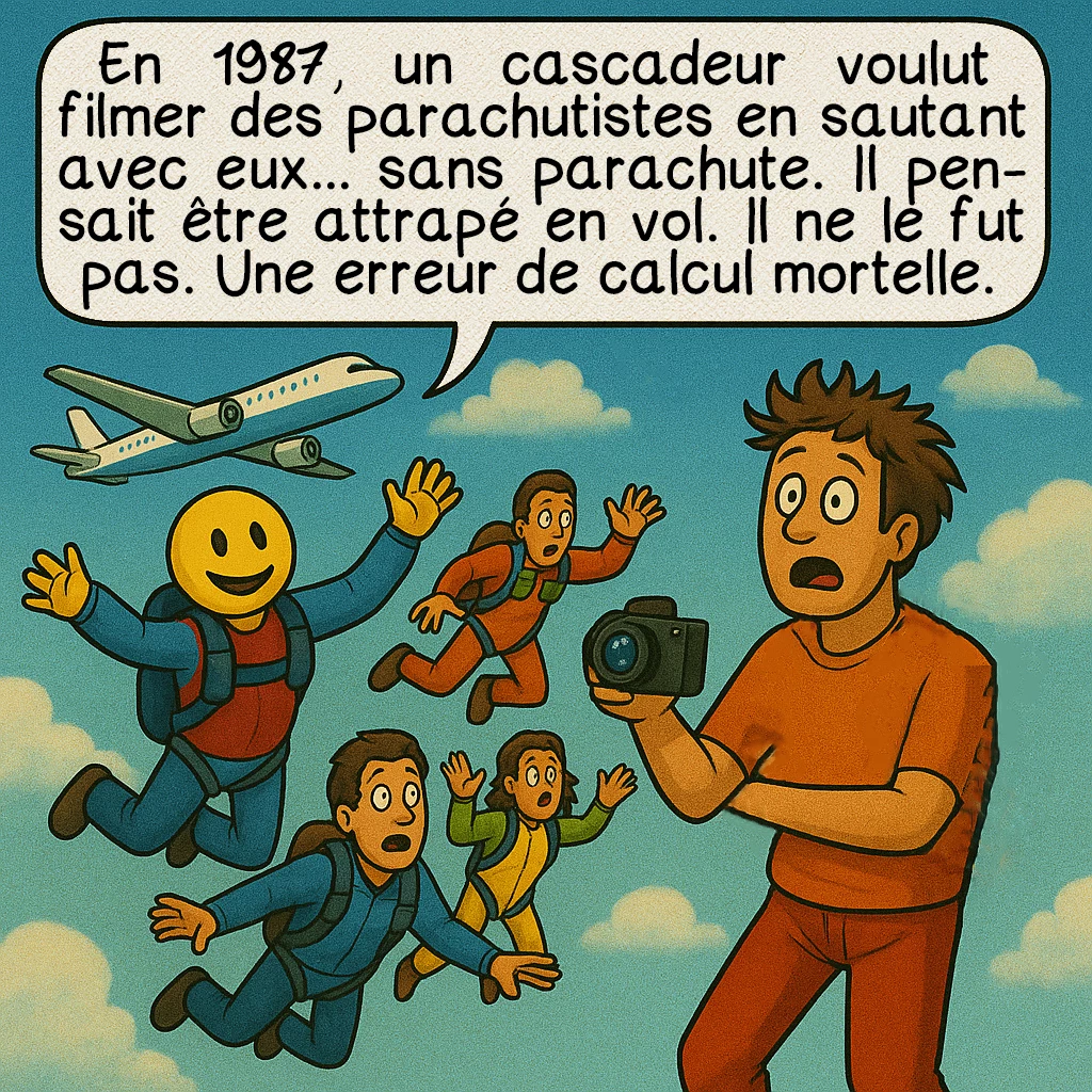 Les Darwin awards, case 5 : En 1987, un cascadeur voulut filmer des parachutistes en sautant avec eux... sans parachute. Il pensait être attrapé en vol. Il ne le fut pas. Une erreur de calcul mortelle.
