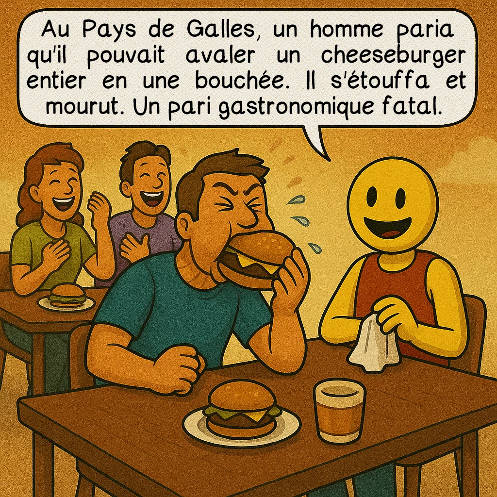 Les Darwin awards, case 6 : Au Pays de Galles, un homme paria qu'il pouvait avaler un cheeseburger entier en une bouchée. Il s'étouffa et mourut. Un pari gastronomique fatal.