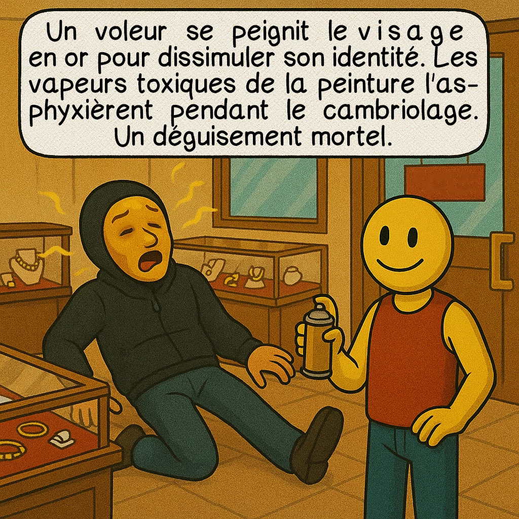 Les Darwin awards, case 7 : Un voleur se peignit le visage en or pour dissimuler son identité. Les vapeurs toxiques de la peinture l'asphyxièrent pendant le cambriolage. Un déguisement mortel.