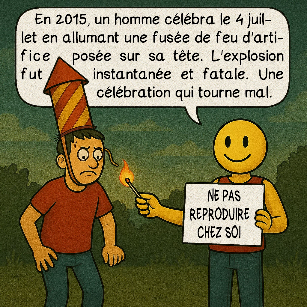 Les Darwin awards, case 8 : En 2015, un homme célébra le 4 juillet en allumant une fusée de feu d'artifice posée sur sa tête. L'explosion fut instantanée et fatale. Une célébration qui tourne mal.