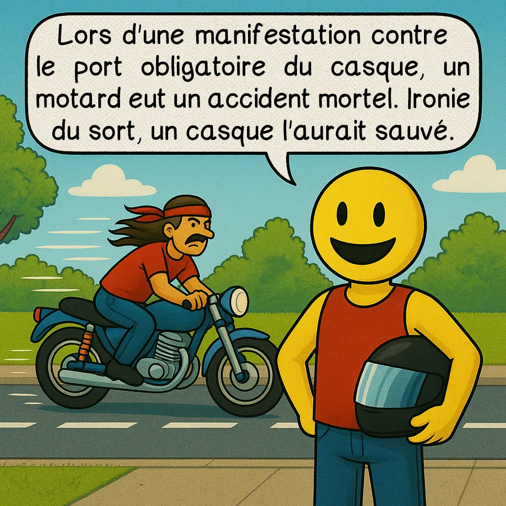 Les Darwin awards, case 9 : Lors d'une manifestation contre le port obligatoire du casque, un motard eut un accident mortel. Ironie du sort, un casque l'aurait sauvé.