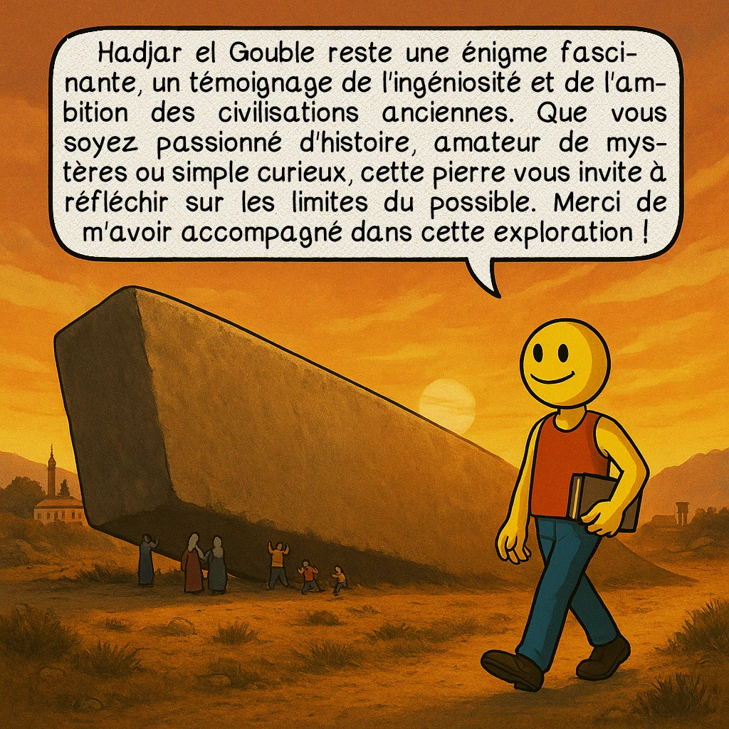 Hadjar el Gouble, case 10 : Hadjar el Gouble reste une énigme fascinante, un témoignage de l'ingéniosité et de l'ambition des civilisations anciennes. Que vous soyez passionné d'histoire, amateur de mystères ou simple curieux, cette pierre vous invite à réfléchir sur les limites du possible. Merci de m'avoir accompagné dans cette exploration !
