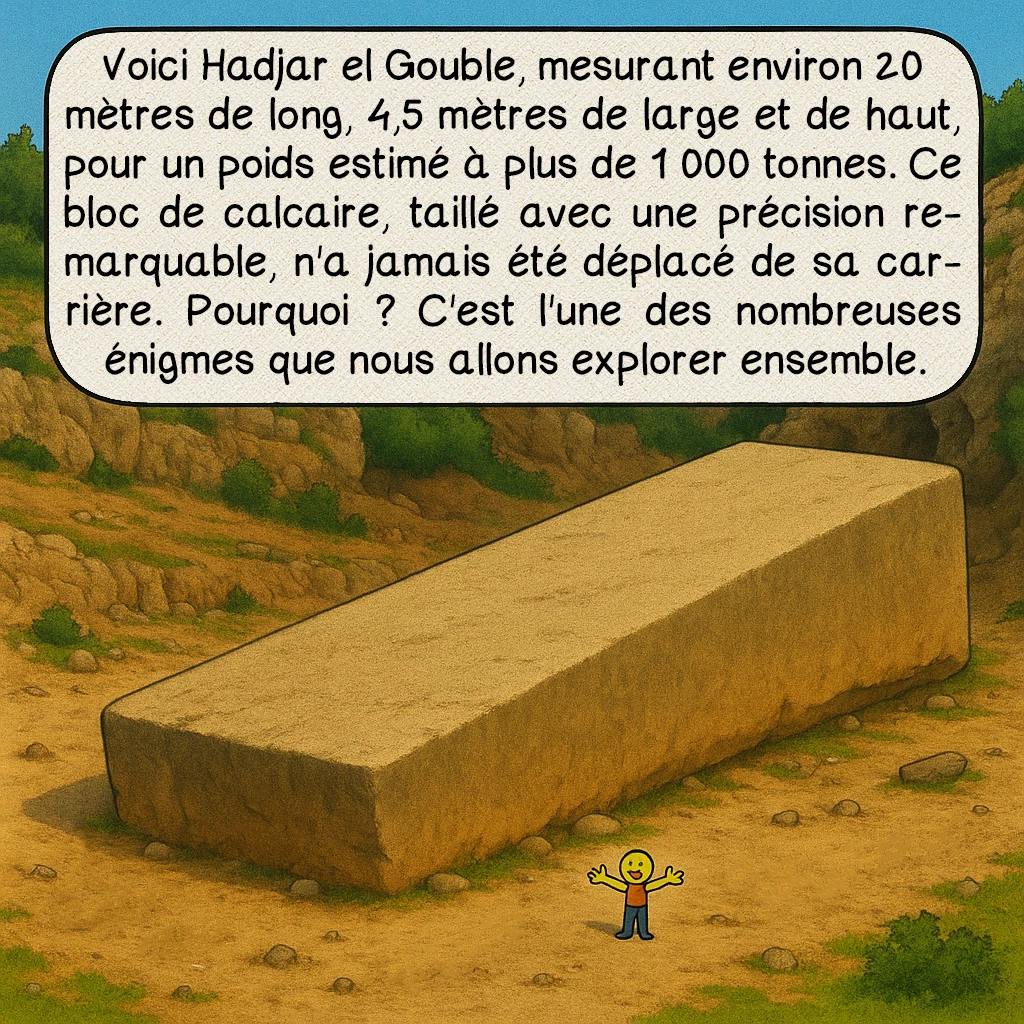 Hadjar el Gouble, case 2 : Voici Hadjar el Gouble, mesurant environ 20 mètres de long, 4,5 mètres de large et de haut, pour un poids estimé à plus de 1 000 tonnes. Ce bloc de calcaire, taillé avec une précision remarquable, n'a jamais été déplacé de sa carrière. Pourquoi ? C'est l'une des nombreuses énigmes que nous allons explorer ensemble.