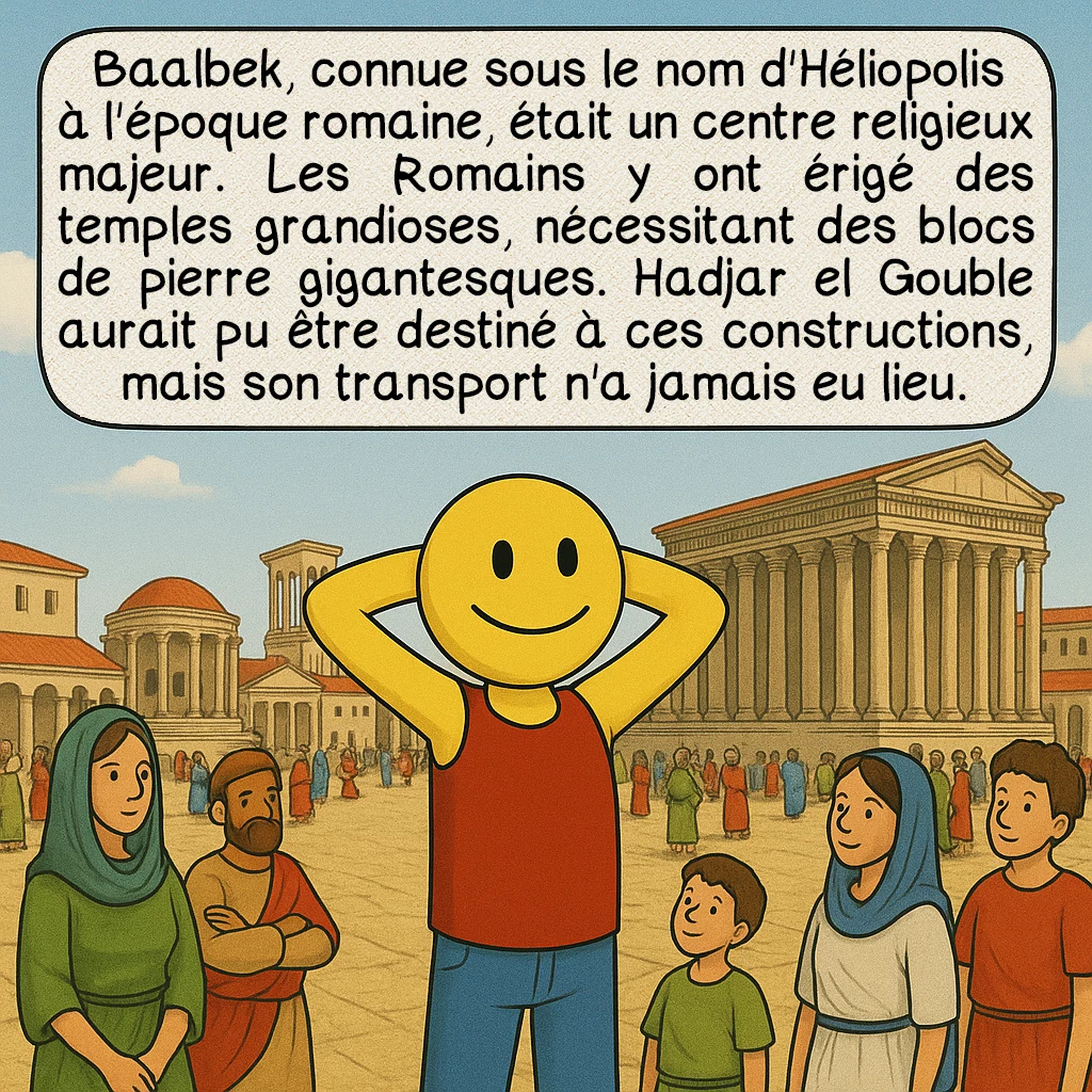 Hadjar el Gouble, case 3 : Baalbek, connue sous le nom d'Héliopolis à l'époque romaine, était un centre religieux majeur. Les Romains y ont érigé des temples grandioses, nécessitant des blocs de pierre gigantesques. Hadjar el Gouble aurait pu être destiné à ces constructions, mais son transport n'a jamais eu lieu.