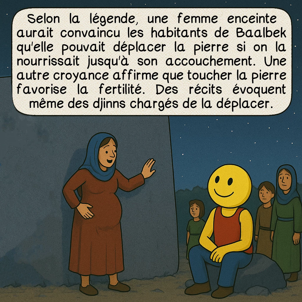 Hadjar el Gouble, case 4 : Selon la légende, une femme enceinte aurait convaincu les habitants de Baalbek qu'elle pouvait déplacer la pierre si on la nourrissait jusqu'à son accouchement. Une autre croyance affirme que toucher la pierre favorise la fertilité. Des récits évoquent même des djinns chargés de la déplacer.