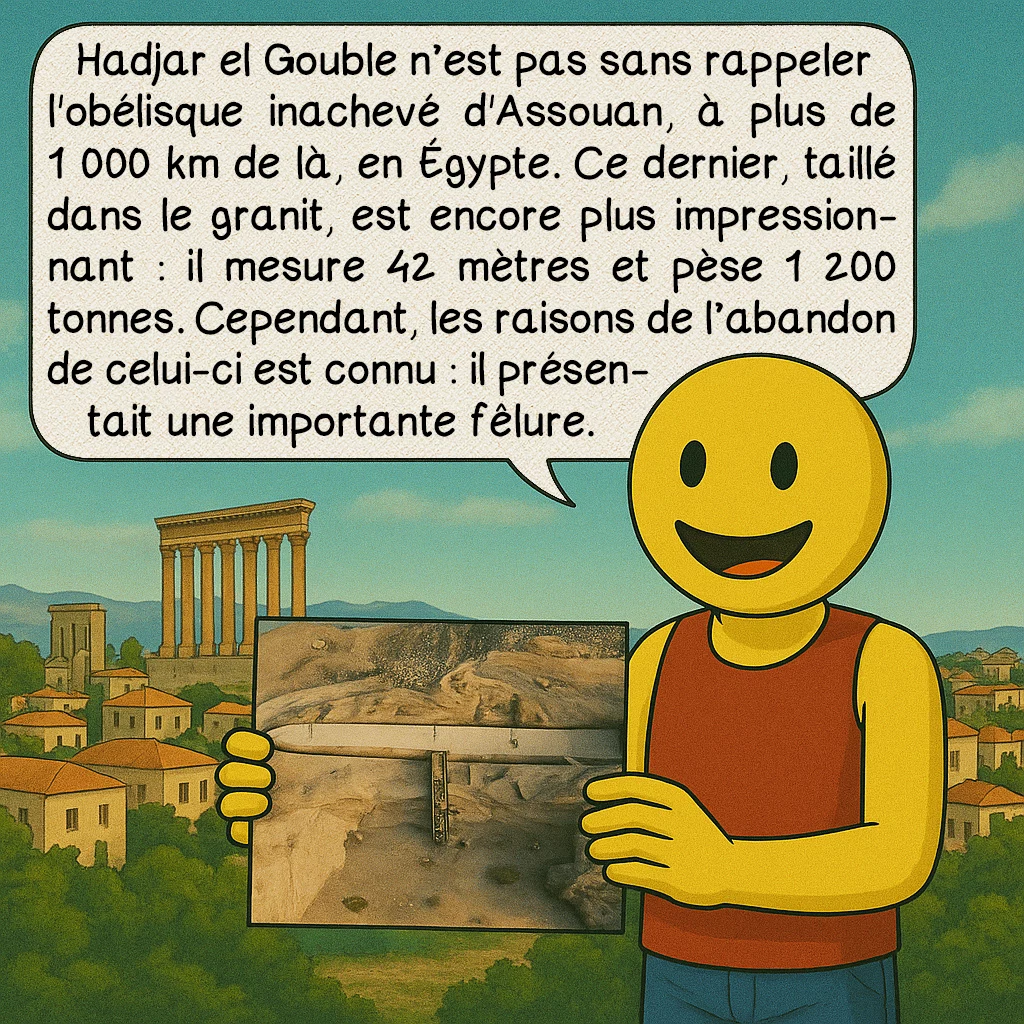 Hadjar el Gouble, case 5 : Hadjar el Gouble n’est pas sans rappeler l'obélisque inachevé d'Assouan, à plus de 1 000 km de là, en Égypte. Ce dernier, taillé dans le granit, est encore plus impressionnant : il mesure 42 mètres et pèse 1 200 tonnes. Cependant, les raisons de l’abandon de celui-ci est connu : il présentait une importante fêlure.