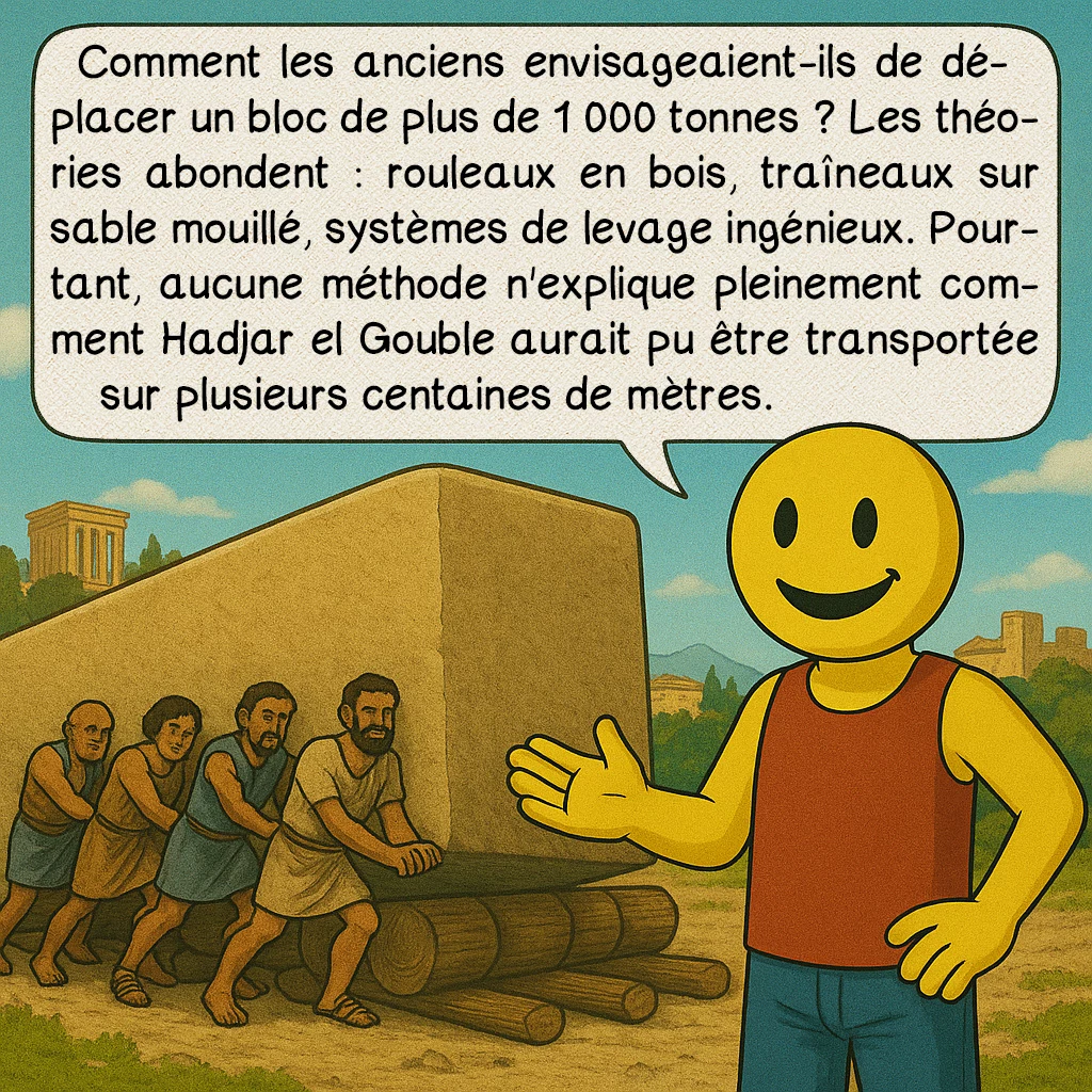 Hadjar el Gouble, case 6 : Comment les anciens envisageaient-ils de déplacer un bloc de plus de 1 000 tonnes ? Les théories abondent : rouleaux en bois, traîneaux sur sable mouillé, systèmes de levage ingénieux. Pourtant, aucune méthode n'explique pleinement comment Hadjar el Gouble aurait pu être transportée sur plusieurs centaines de mètres.