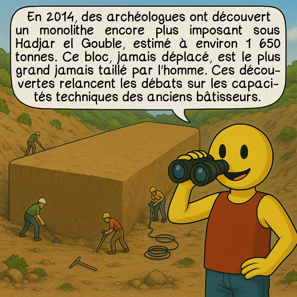 Hadjar el Gouble, case 7 : En 2014, des archéologues ont découvert un monolithe encore plus imposant sous Hadjar el Gouble, estimé à environ 1 650 tonnes. Ce bloc, jamais déplacé, est le plus grand jamais taillé par l'homme. Ces découvertes relancent les débats sur les capacités techniques des anciens bâtisseurs.
